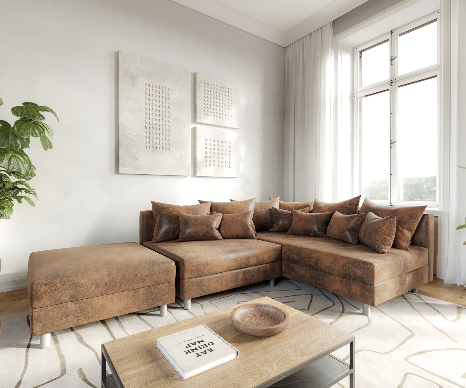 Sofa narożna Clovis brązowy antyczny sofa modułowa z pufem szezlong prawy
