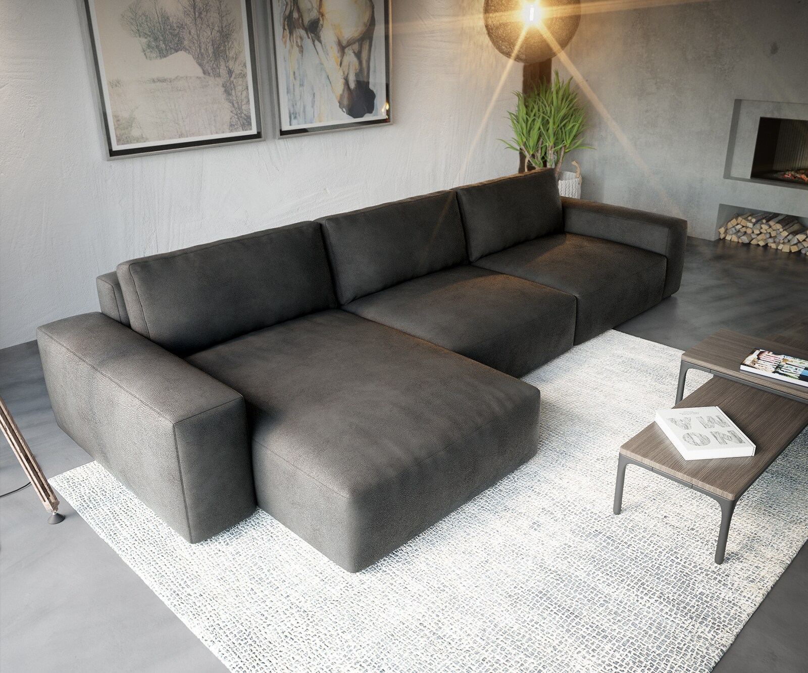 Sofa narożna Lanzo XL 380x180cm skóra ekologiczna antracyt vintage szezlong z możliwością zmiennego ustawienia 3