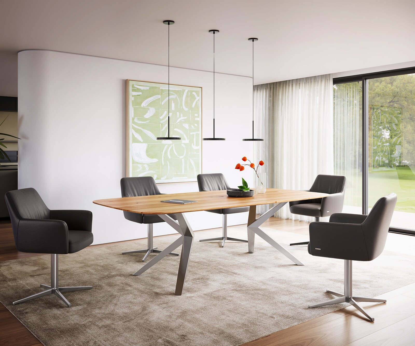 Stół do jadalni Edge kształt beczki 240x120x2,5-3cm dąb naturalny rama Zenthara stal nierdzewna krawędź szwajcarska 4