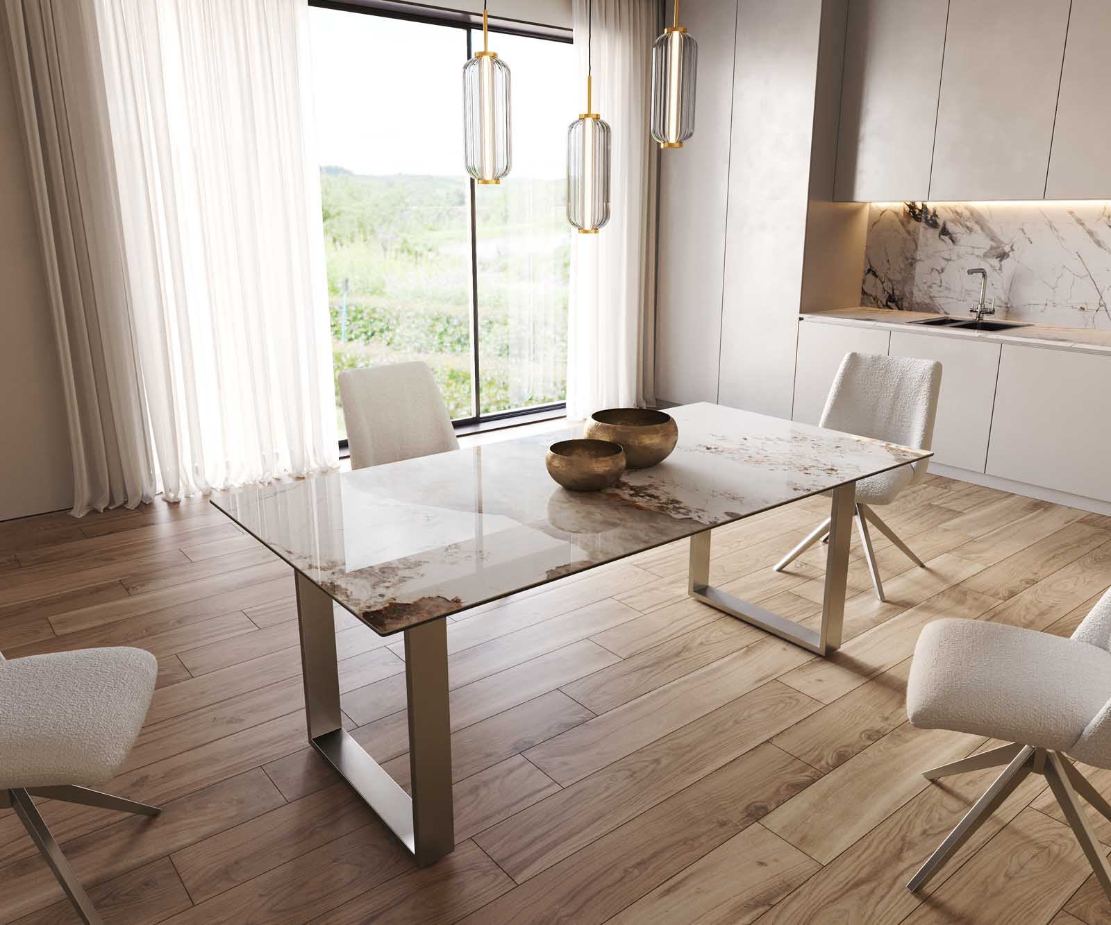 Stół do jadalni Edge 200x100 cm ceramika Minas Melange biało-beżowy stal nierdzewna wąska rama