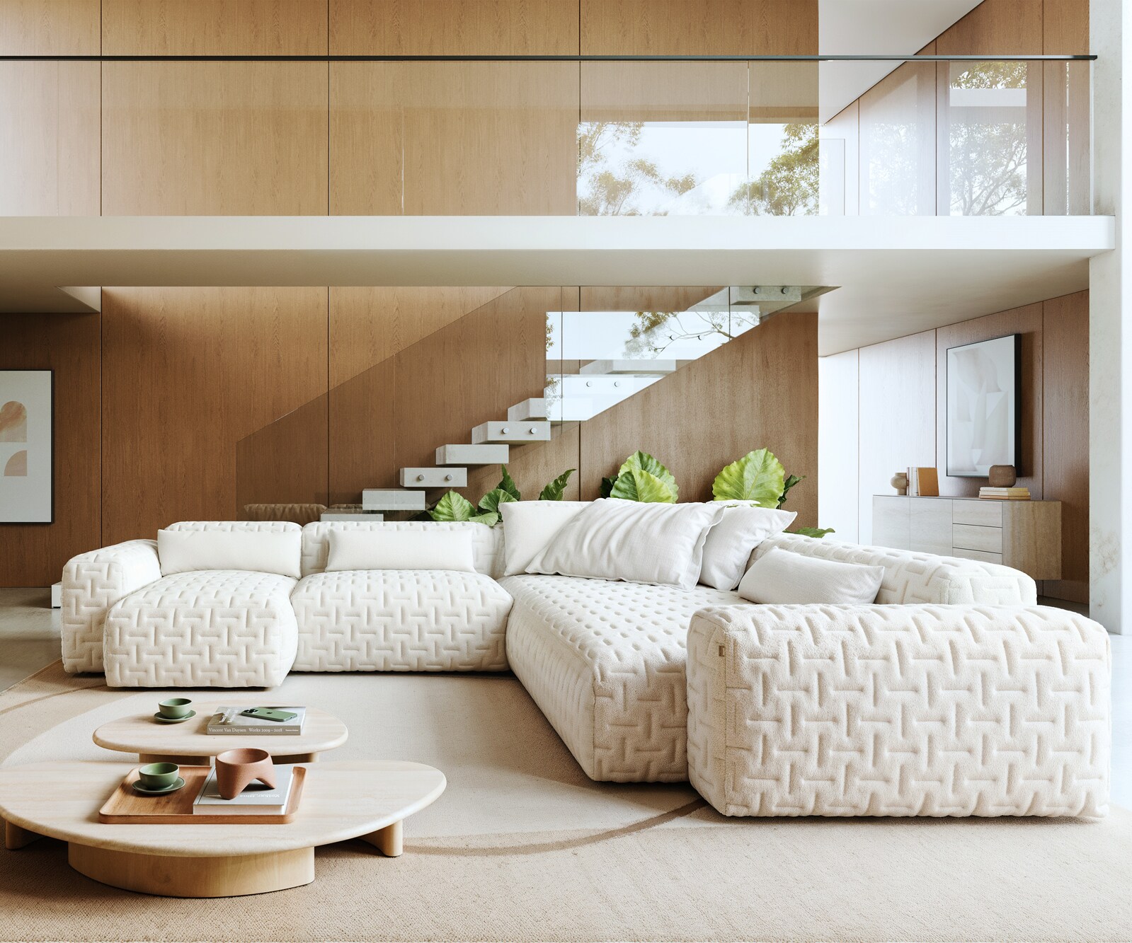 Sofa w kształcie litery U Freestyle 360x290 cm miękka tkanina bouclé beżowa pikowana 1