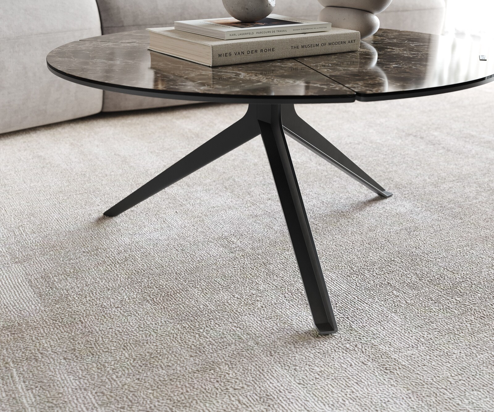 Stolik kawowy Delron 70x70cm ceramika Emperador Extra Lucidato ciemnobrązowa podstawa krzyżowa płaska metal czarny 5