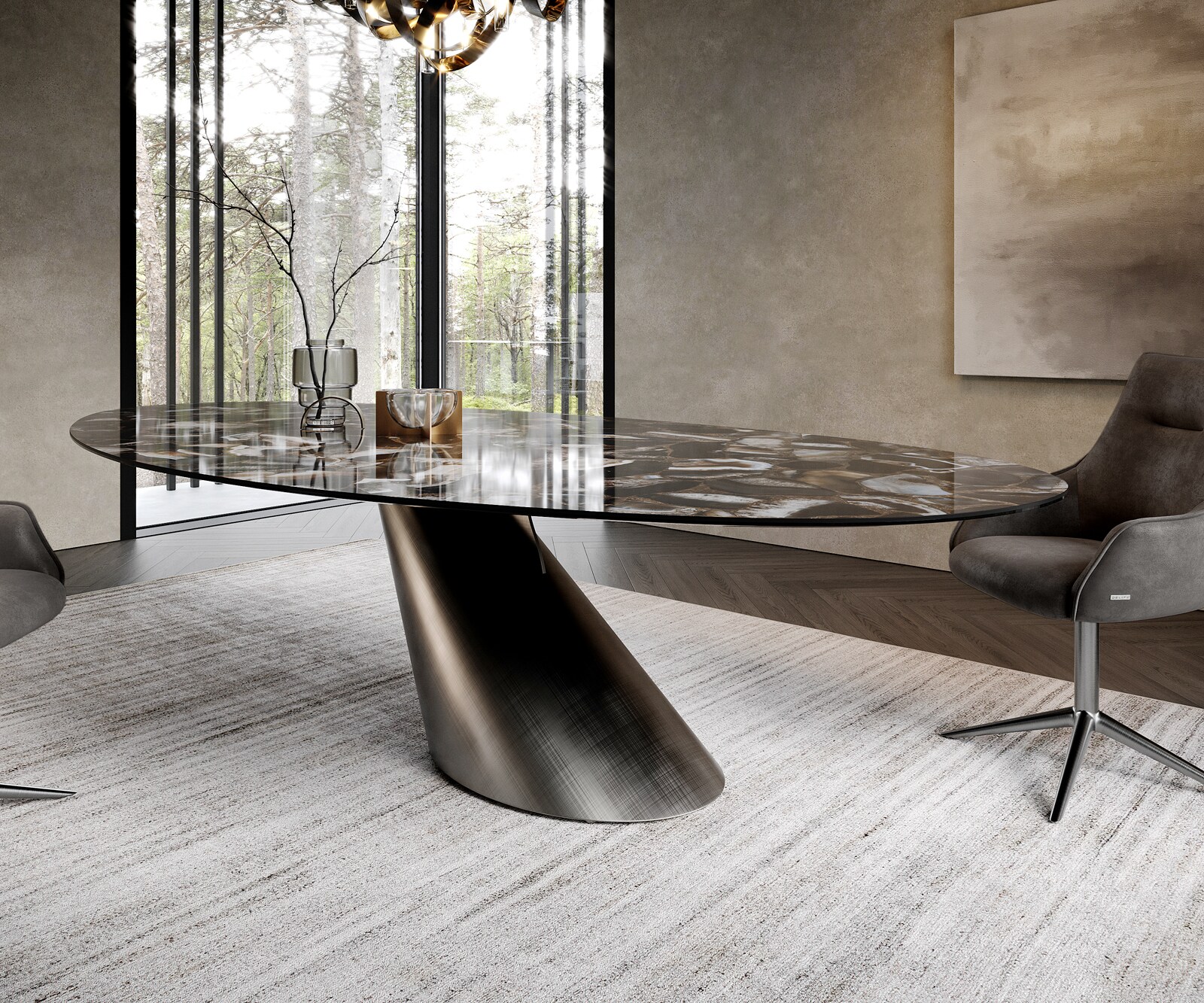 Stół do jadalni Edge owalny 280x130 cm ceramika Iris FMG Agatablack rama Cono metaliczny srebrny 5