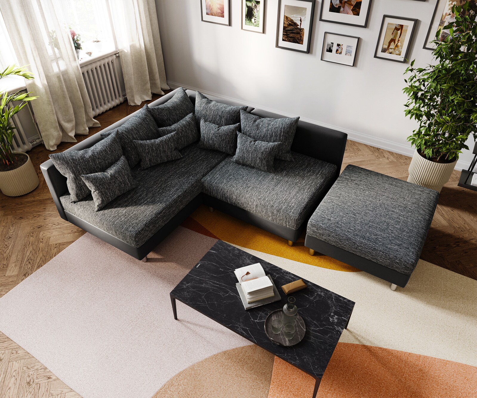 Sofa narożna Clovis czarna sofa modułowa z pufem szezlong lewy 4