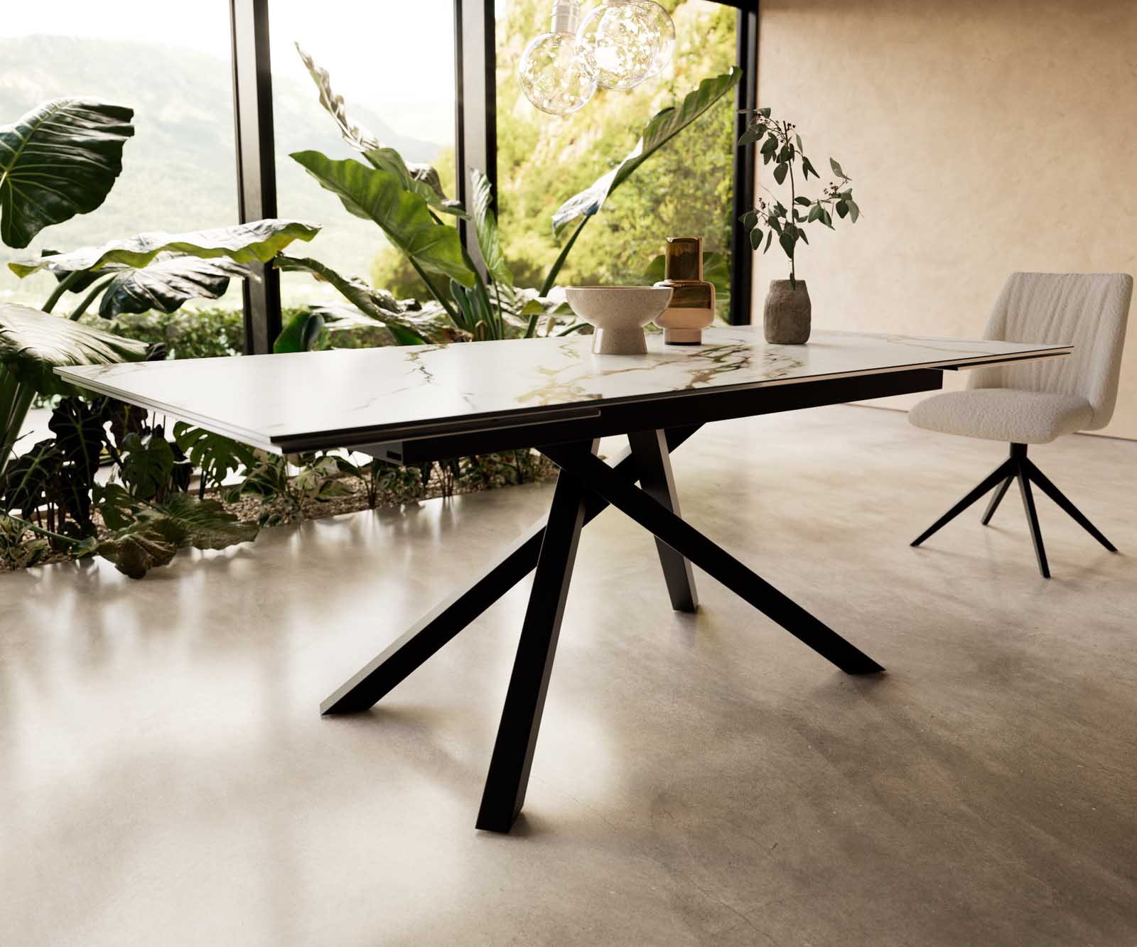 Stół do jadalni Edge 200-300x100 cm ceramika Calacatta Luxe biało-złoto-szary rama Cross czarna rozkładany 6