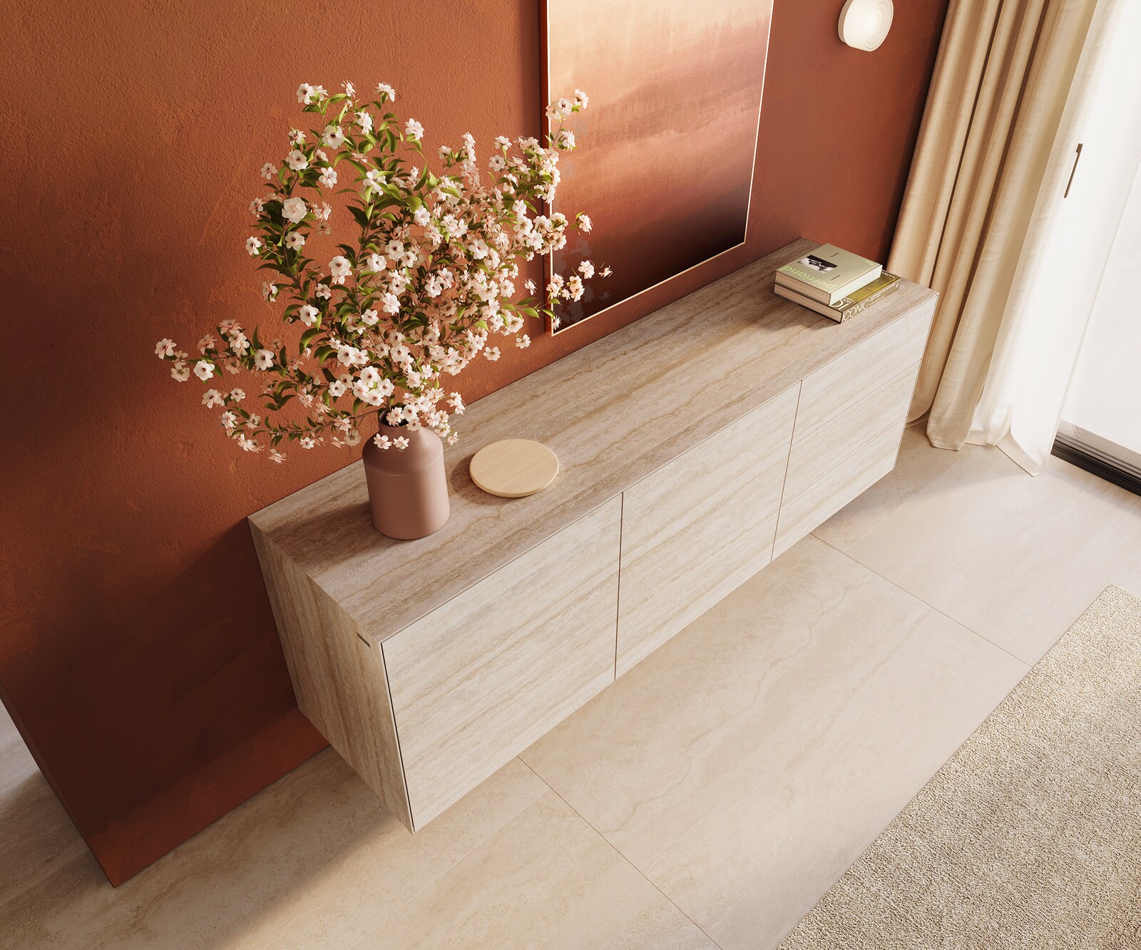 Komoda Cuor 180 cm ceramika Laminam® Travertino Bianco kremowo-biała 2 drzwi 3 szuflady podwieszana 4