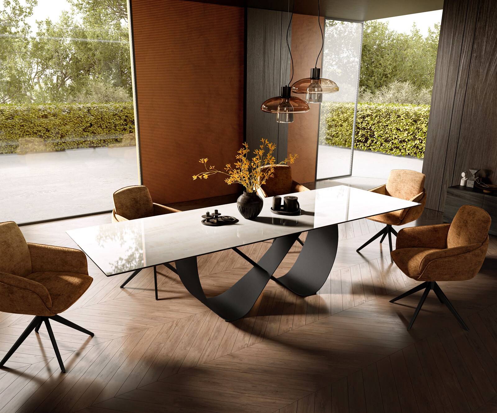 Stół do jadalni Edge 300x100 cm ceramika Onyx Champagne rama Infinity metal czarny 7