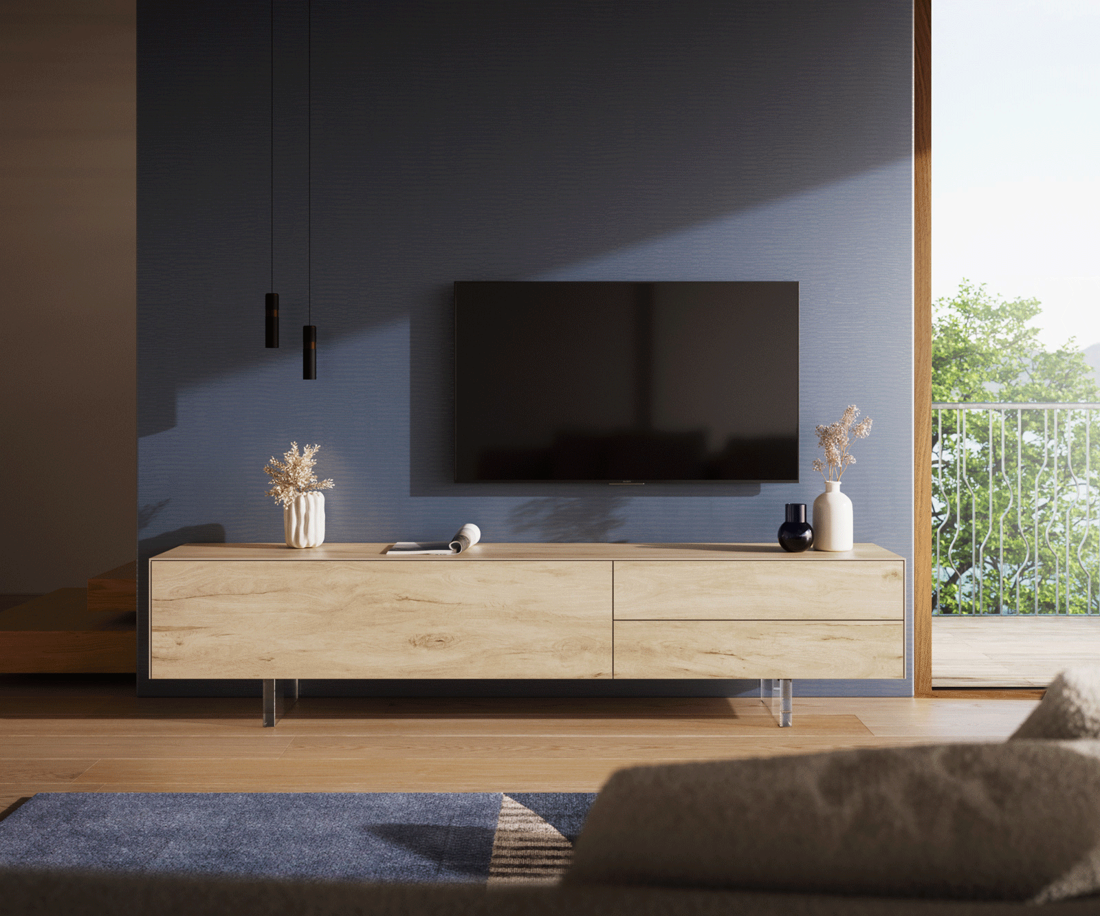 Szafka RTV Cuor 220 cm ceramika Laminam® Sabbia (kolor dębu) 1 klapa 2 szuflady nóżki akrylowe 1