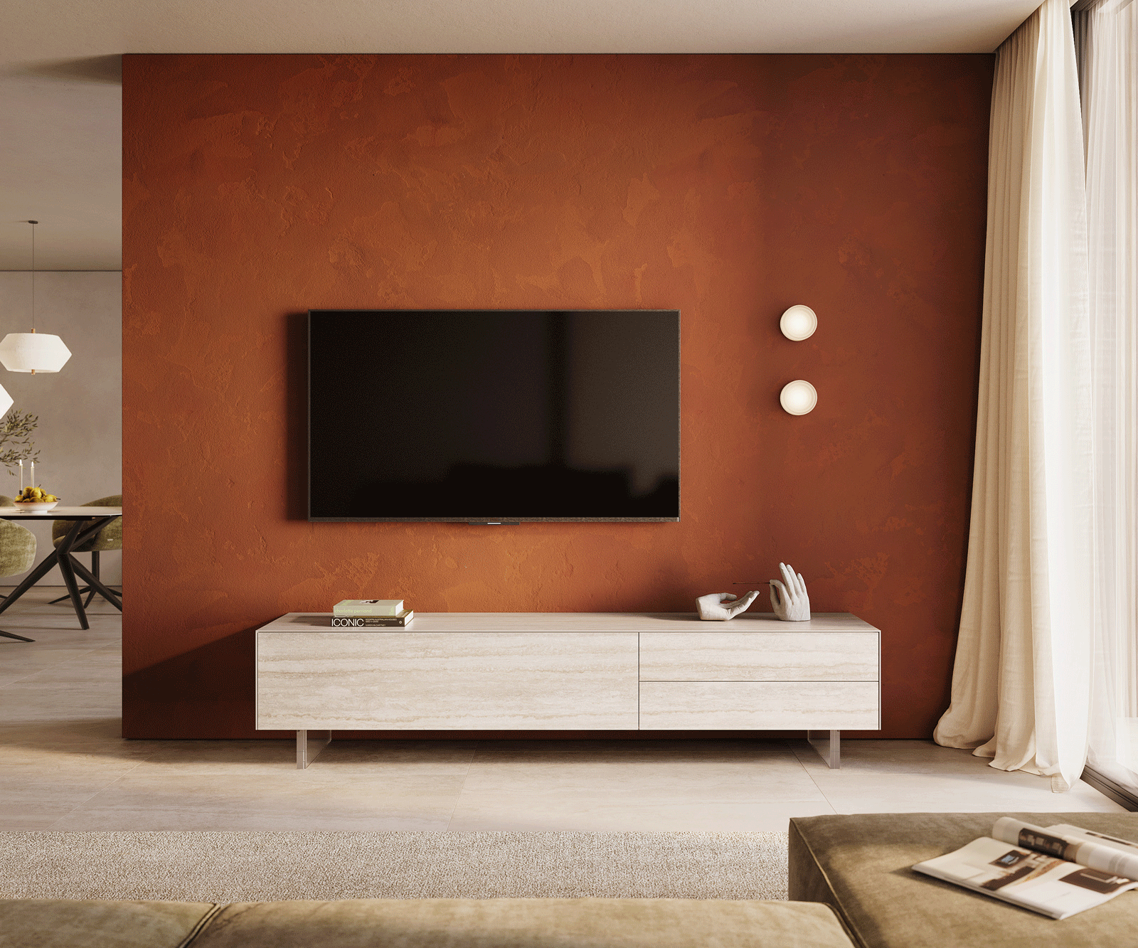 Szafka RTV Cuor 220 cm ceramika Laminam® Travertino Bianco kremowo-biała 1 klapa 2 szuflady nóżki akrylowe 2