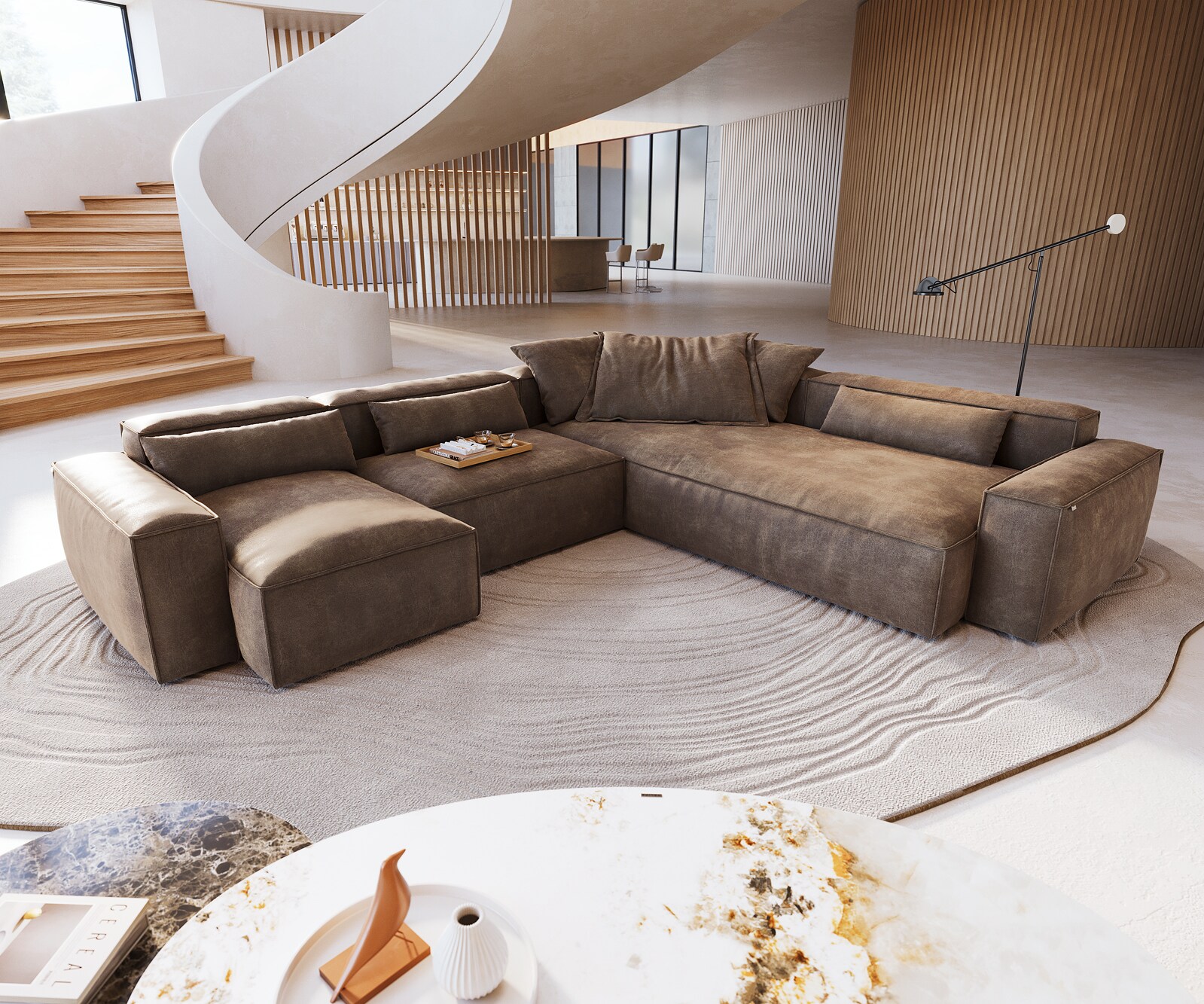 Sofa w kształcie litery U Freestyle 360x290 cm mikrofibra szaro-brązowa vintage z lamówką