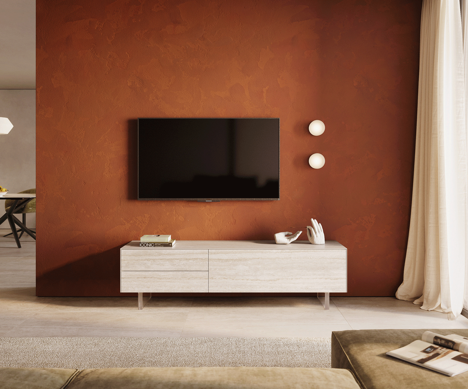 Szafka RTV Cuor 180 cm ceramika Laminam® Travertino Bianco kremowo-biała 1 klapa 2 szuflady nóżki akrylowe 2