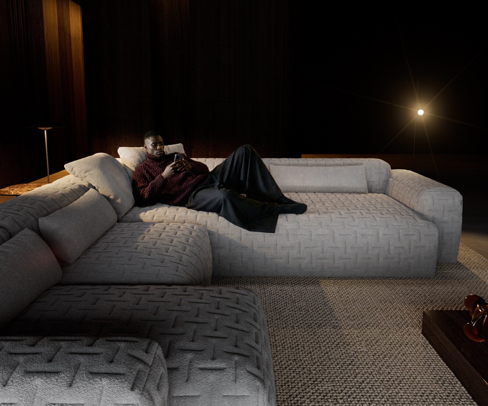 Sofa w kształcie litery U Freestyle 360x290 cm miękka tkanina strukturalna szara pikowana 3