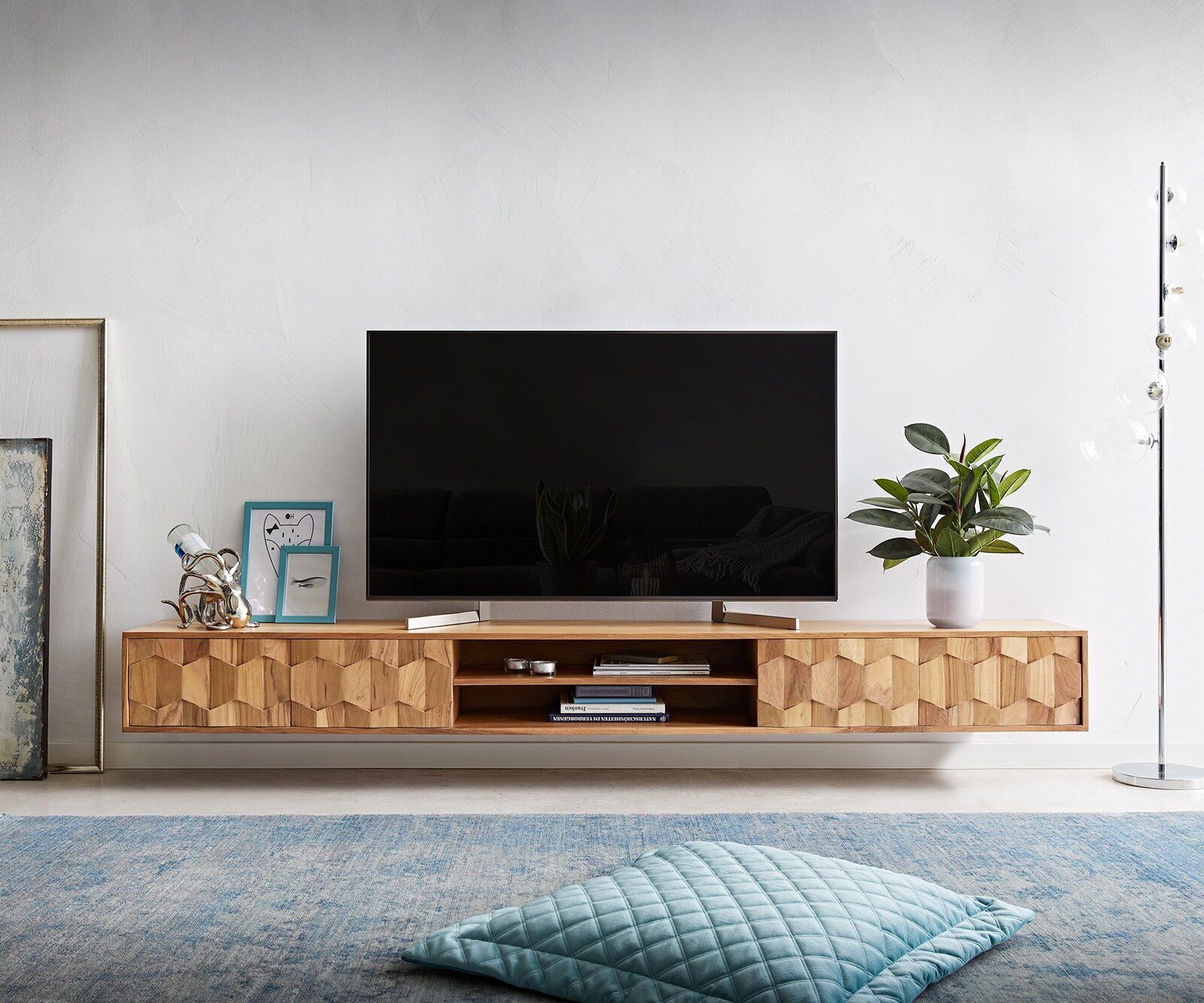 Szafka RTV Fevo 240 cm akacja naturalna 4 drzwi podwieszana 1