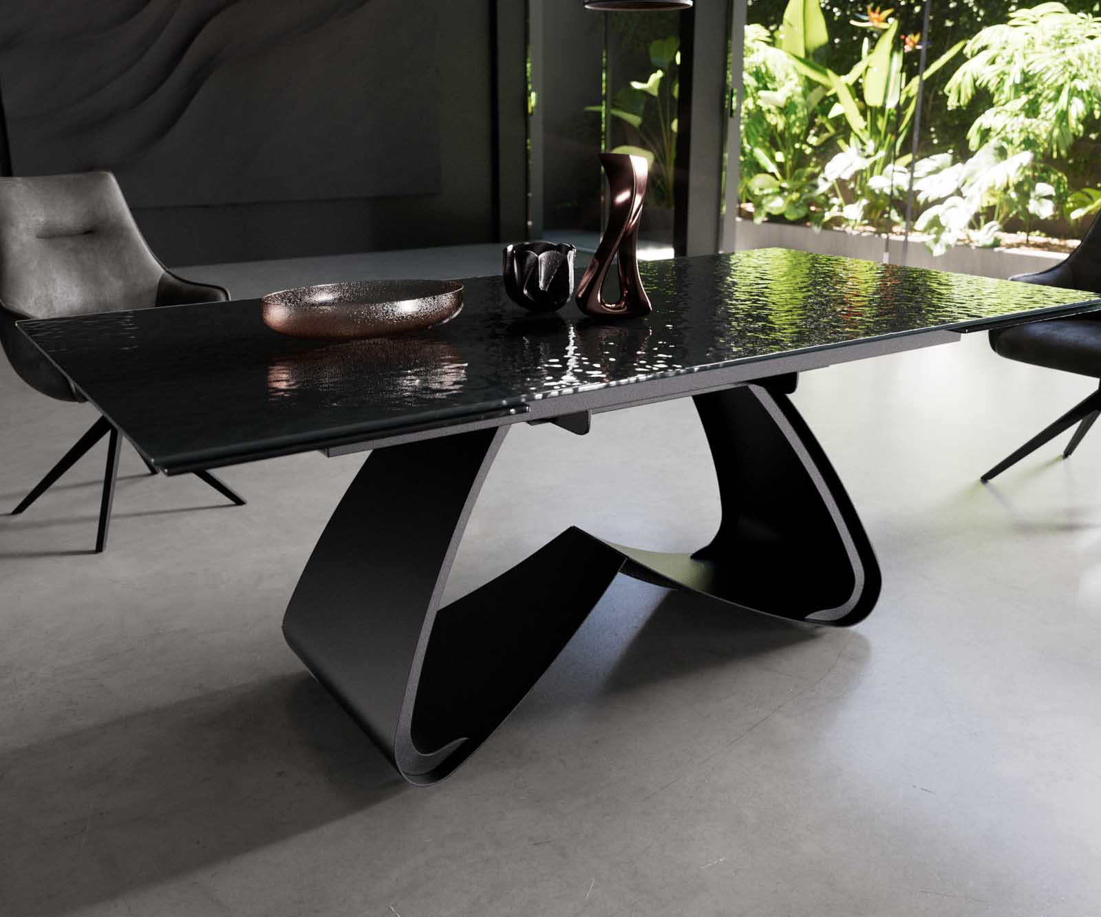 Stół do jadalni Edge 200-300x100 cm szkło reliefowe czarne efekt 3D rama W czarna rozkładany 4