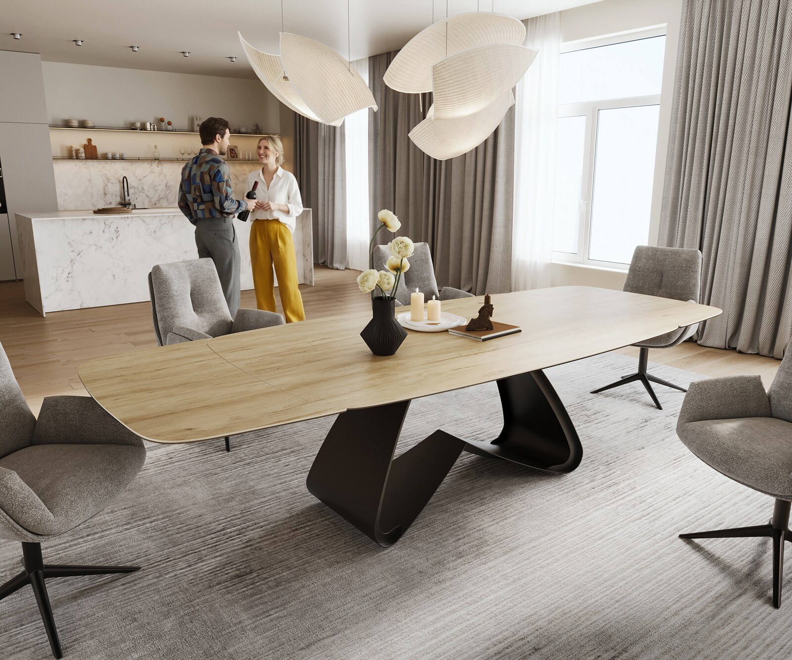 Stół do jadalni Edge w kształcie beczki 200-300x120 cm ceramika Laminam® Sabbia w kolorze dębu rama typu W metal czarny rozkładany