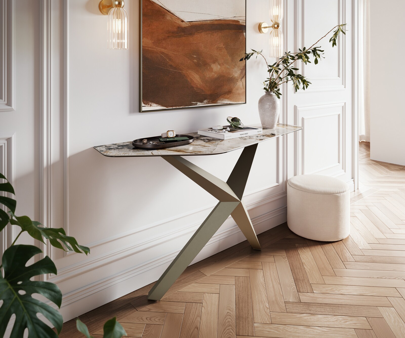 Konsola Edge wielokątna 140x50 cm ceramika Patagonia podstawa Zentharo metal w kolorze tytanu 4