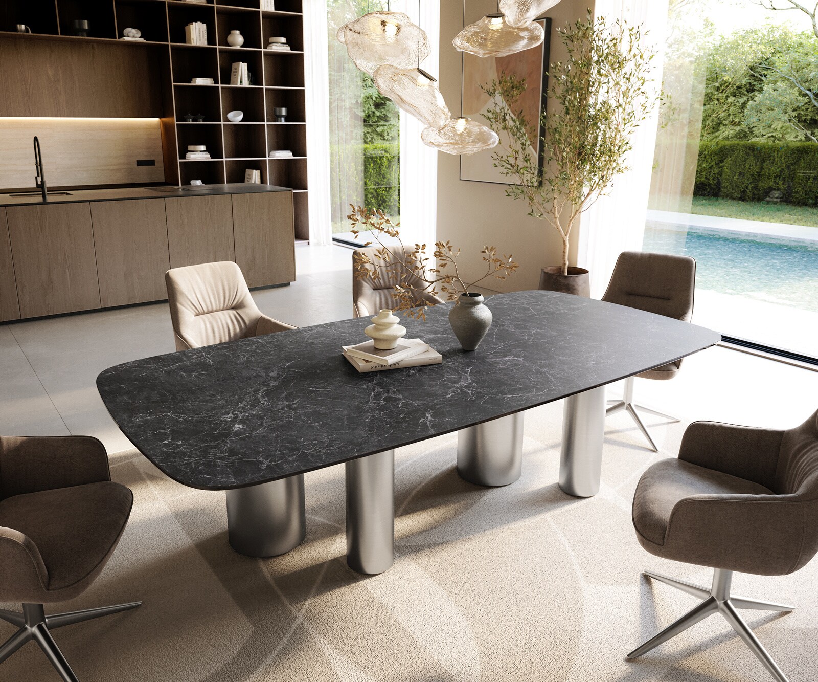 Stół do jadalni Edge w kształcie beczki 240x120 ceramika Laminam® Nero Greco antracytowa rama Pilier stal nierdzewna szczotkowana 1