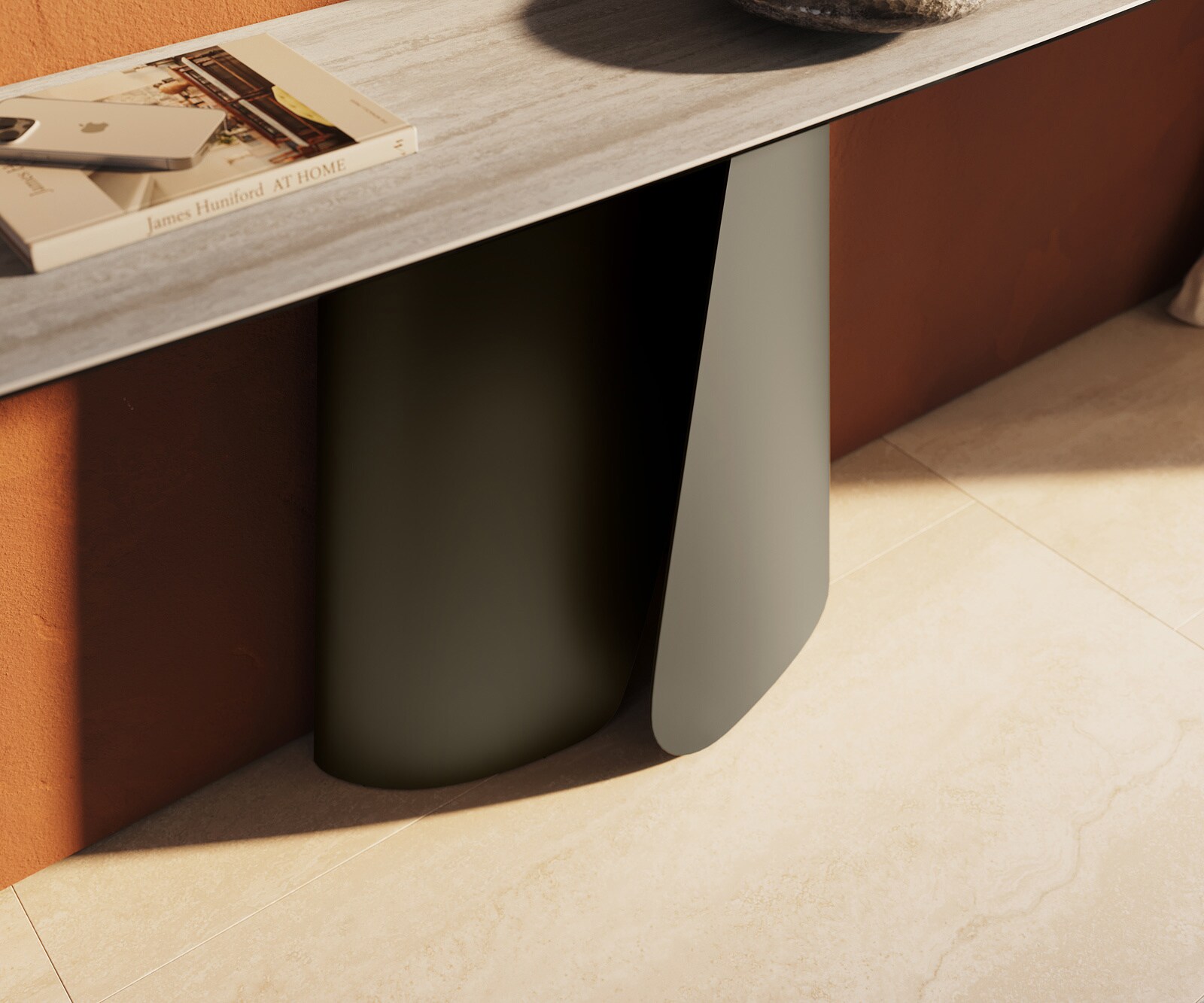 Konsola Edge w kształcie beczki 180x40 cm ceramika Laminam® Travertino Bianco kremowo-biały podstawa Livos metal w kolorze tytanu 6