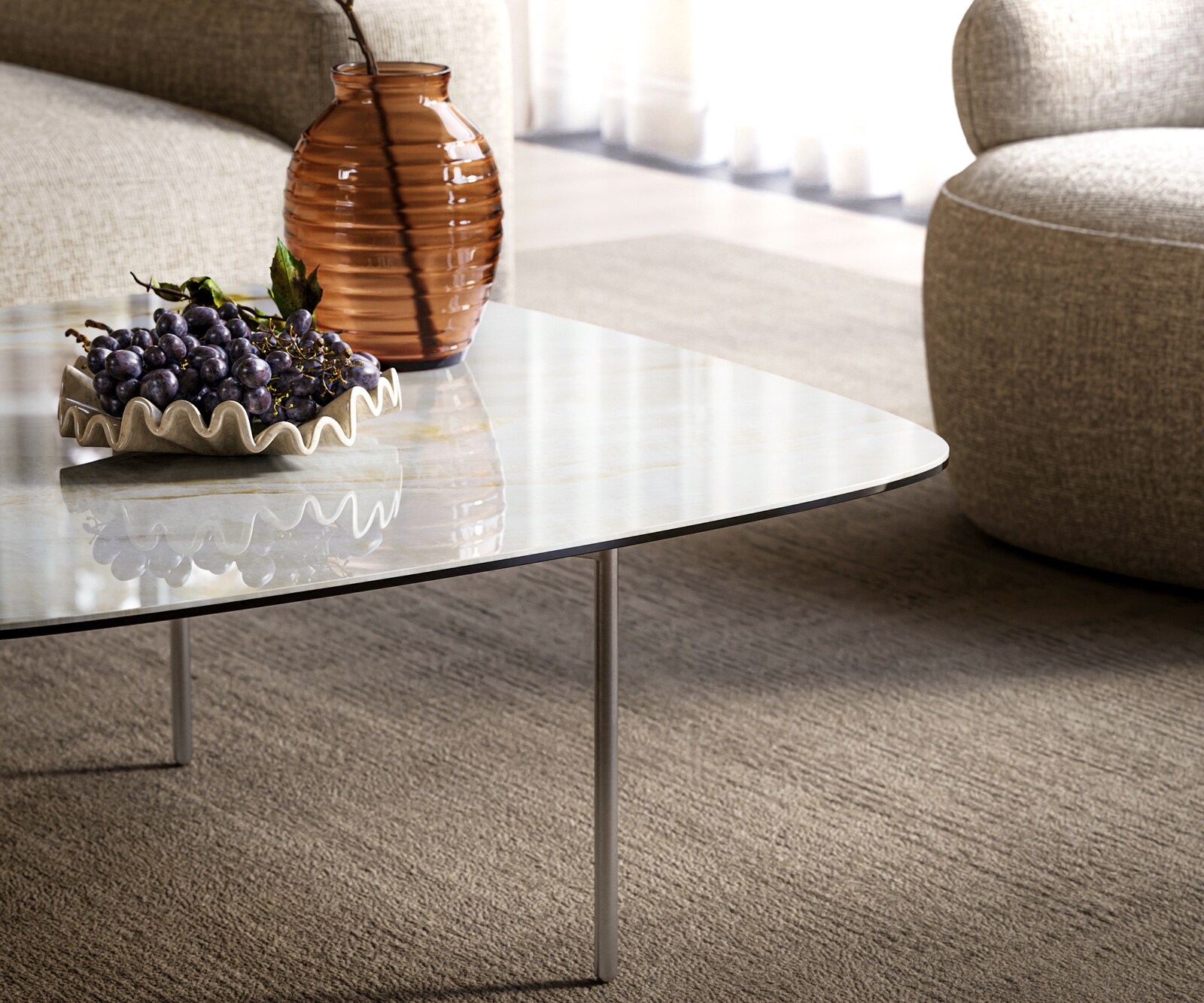 Stolik kawowy Edge w kształcie beczki 90x90 cm ceramika Onyx Pearl podstawa Trive stal nierdzewna szczotkowana 6
