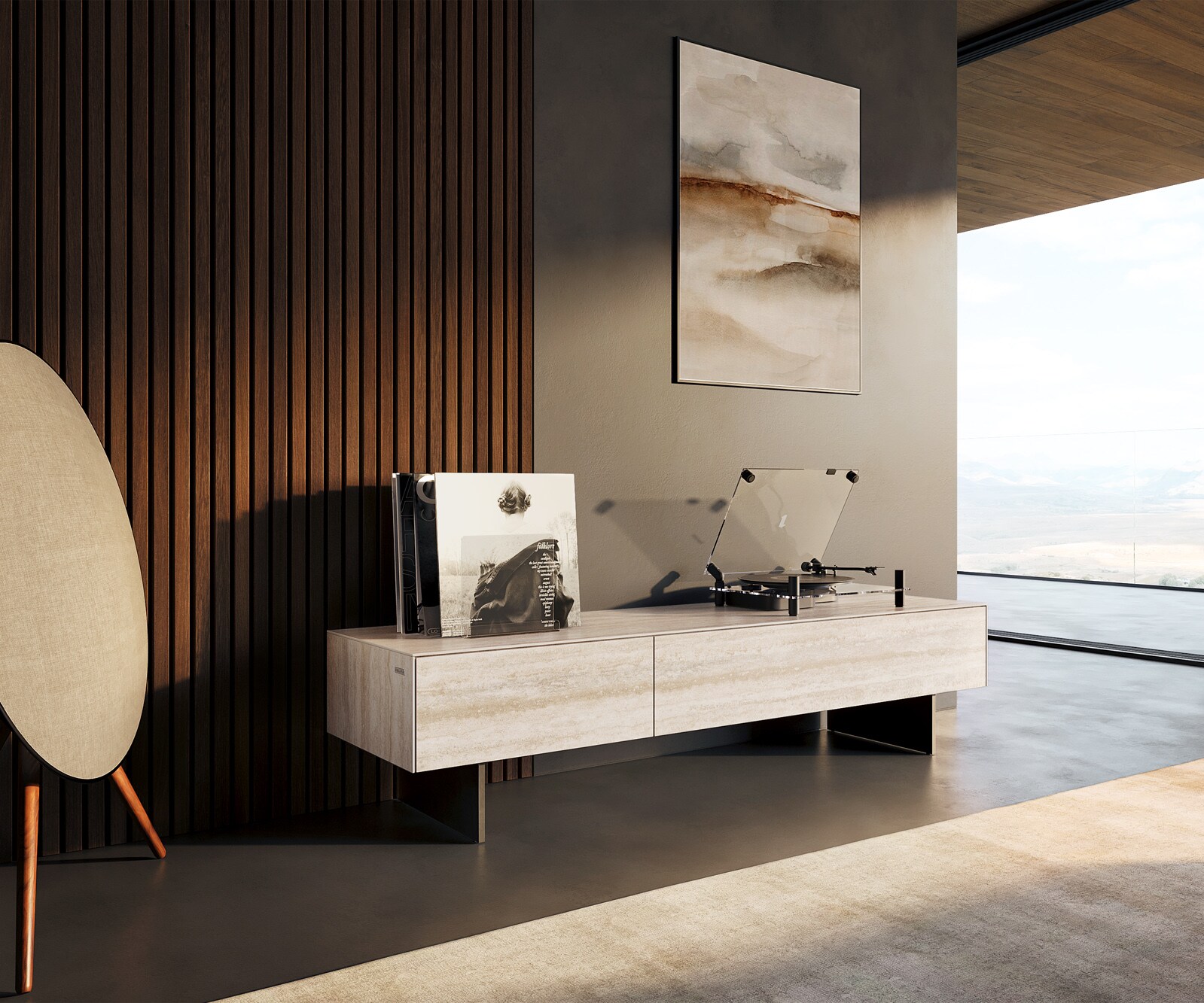 Szafka RTV Cuor 150 cm ceramika Laminam® Travertino Bianco kremowo-biała 1 klapa 1 szuflada nóżki wąskie czarny metal