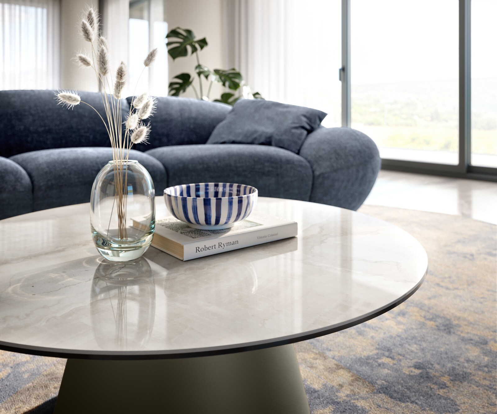 Stolik kawowy Edge okrągły 90x90 cm ceramika Onyx Champagne podstawa Borna w kolorze tytanu 6