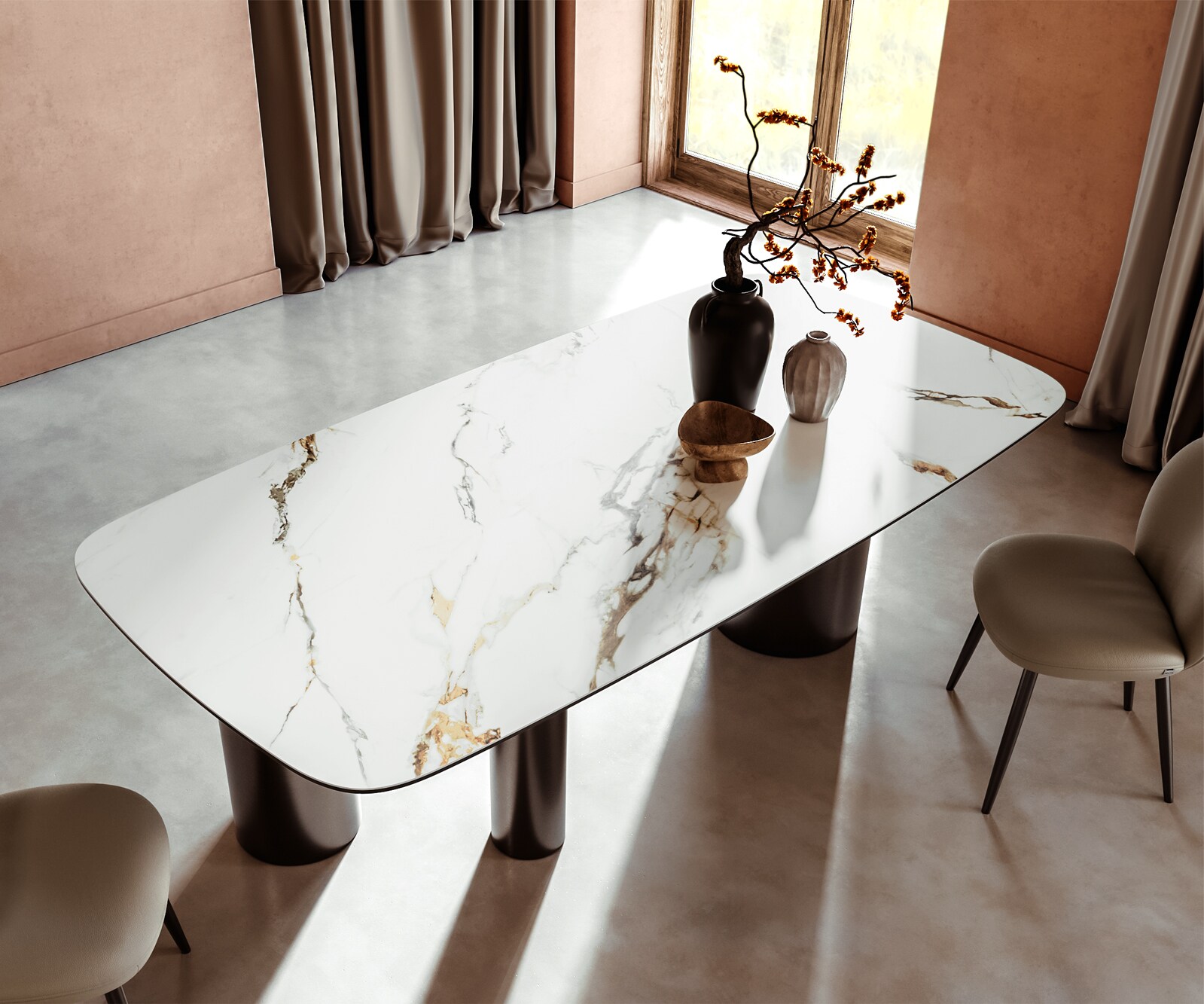 Stół do jadalni Edge kształt beczki 240x120cm ceramika Calacatta Luxe biało-złoto-szary rama Troa stal nierdzewna grafit 3