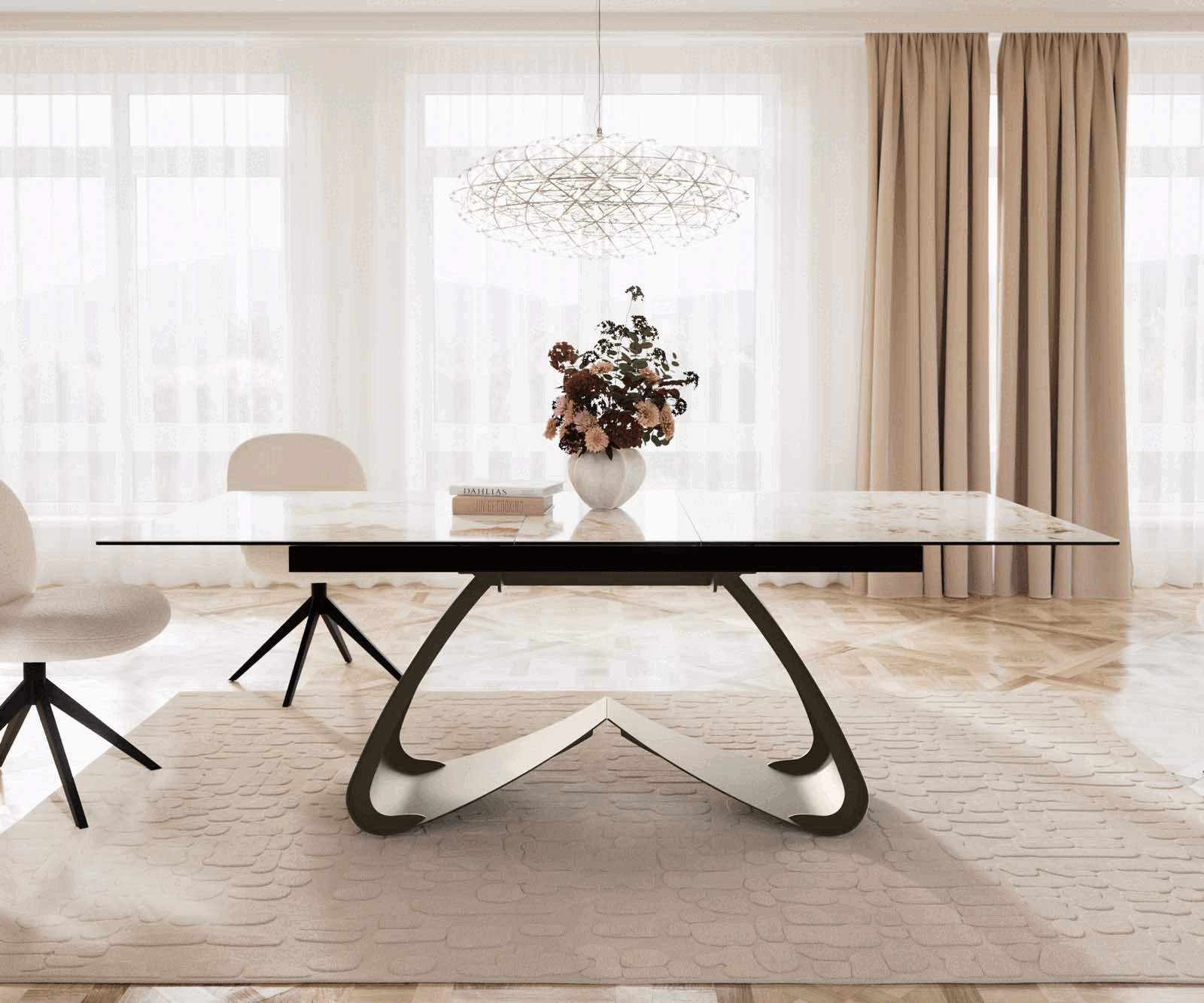 Stół do jadalni Edge 180-220x100 cm ceramika Minas Melange biało-beżowy rama W kolor tytanowy rozkładany 1