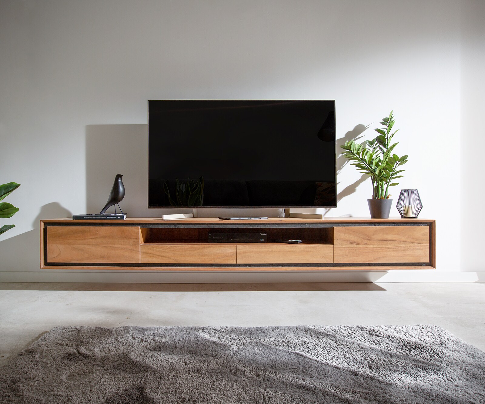 Szafka RTV Stonegrace 240 cm akacja naturalna 2 drzwi 1 przegroda 2 szuflady fornir kamienny podwieszana 1