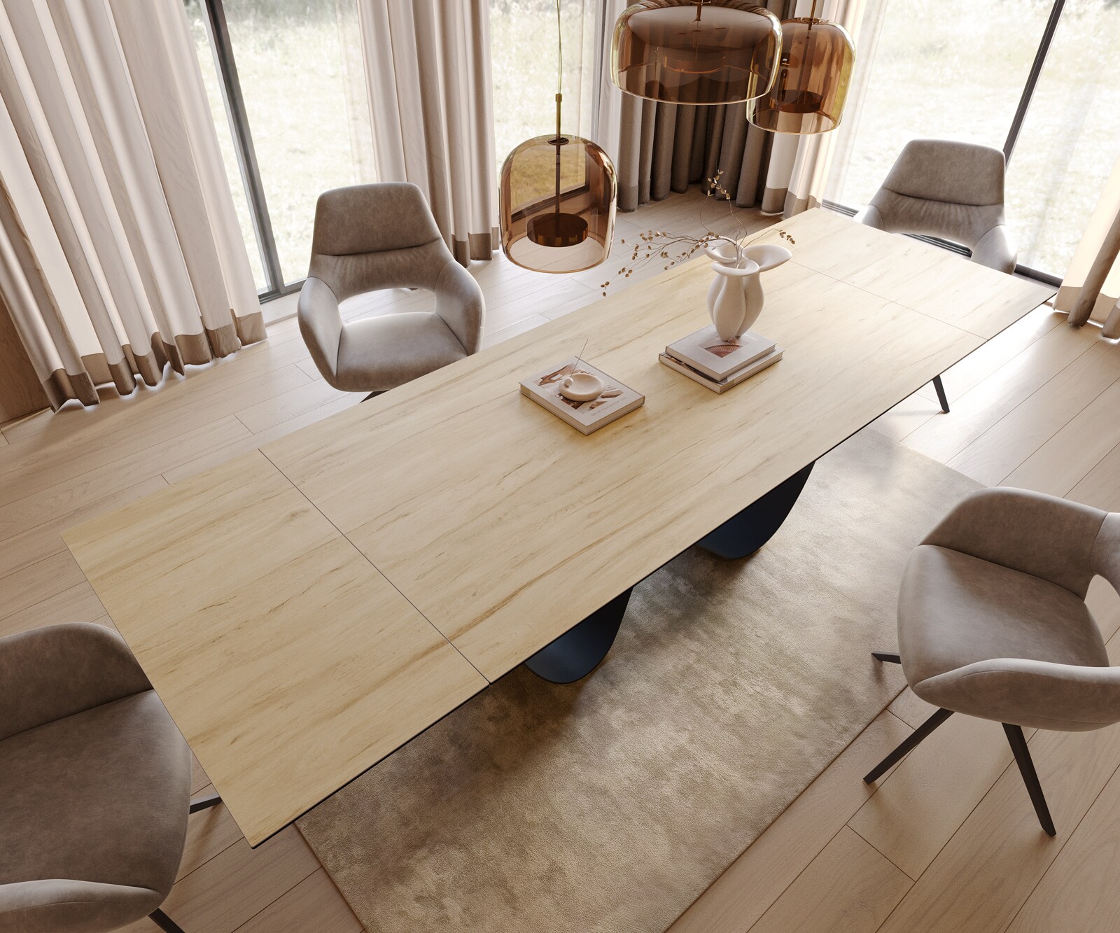 Stół do jadalni Edge 200-300x100cm ceramika Laminam® Sabbia kolor dębowy rama Infinity metal czarny rozkładany 3