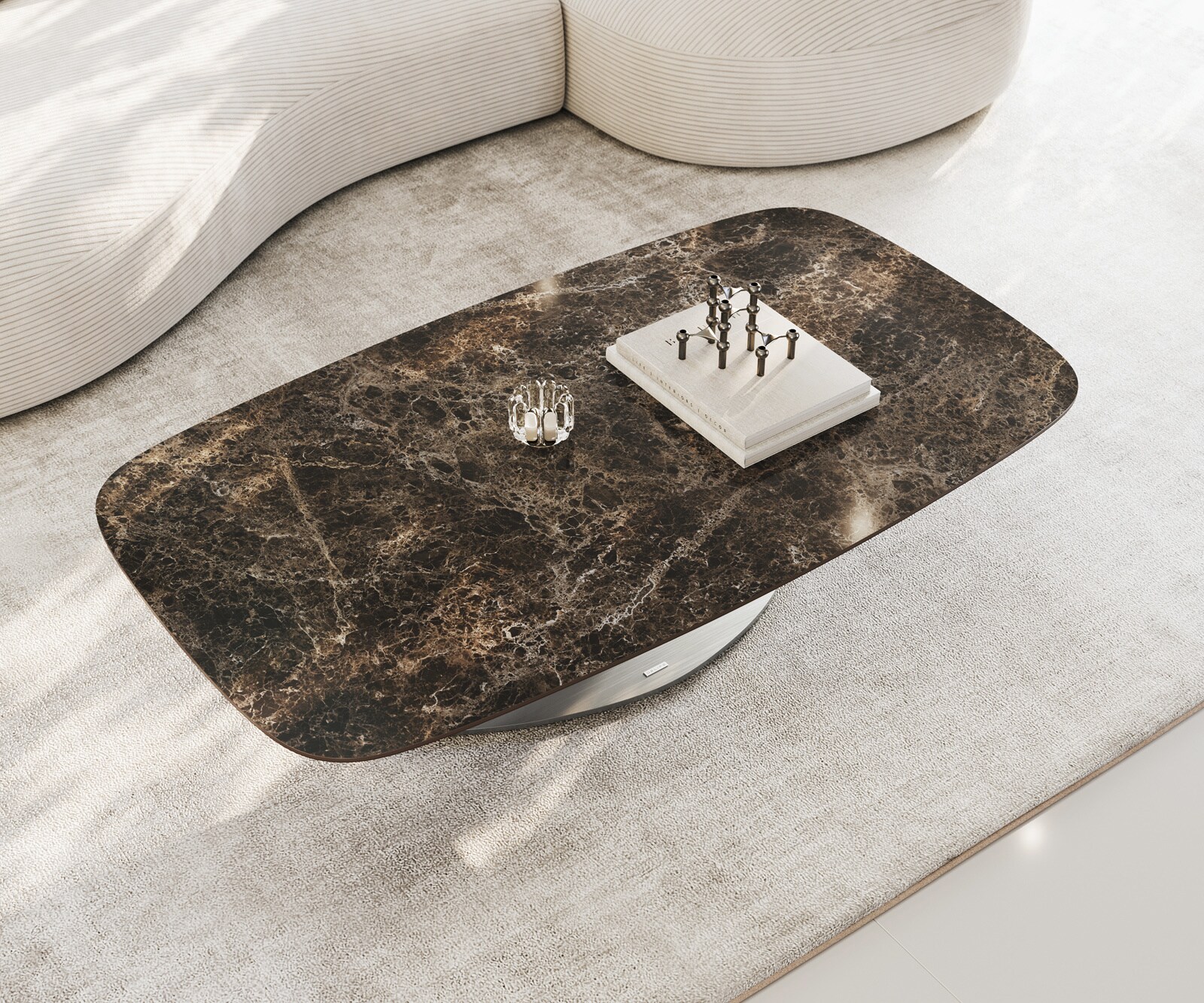 Stolik kawowy Edge w kształcie beczki 140x80 cm ceramika Laminam® Emperador Extra Lucidato ciemnobrązowa podstawa Vibany stal nierdzewna szczotkowana 4
