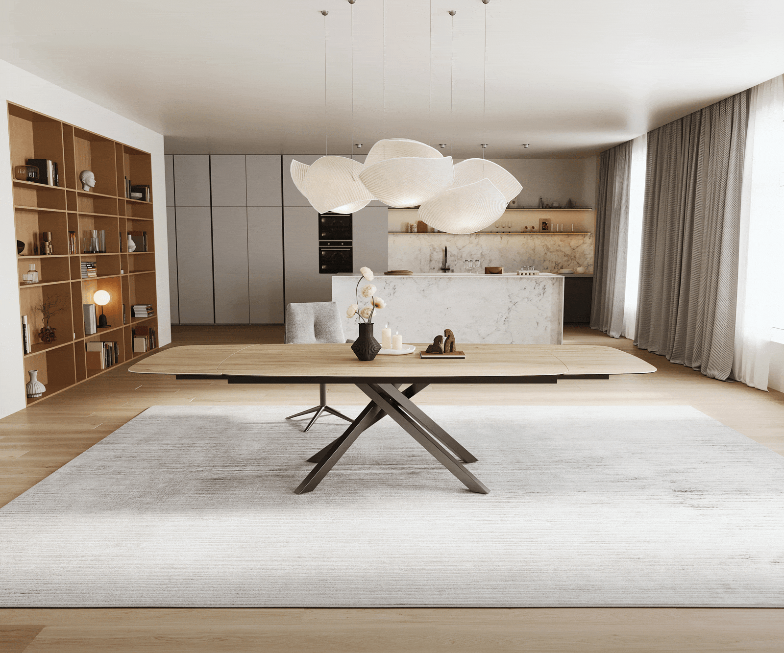 Stół do jadalni Edge w kształcie beczki 200-300x120 cm ceramika Laminam® Sabbia w kolorze dębu rama Cross stal nierdzewna kolor grafitowy rozkładany 2