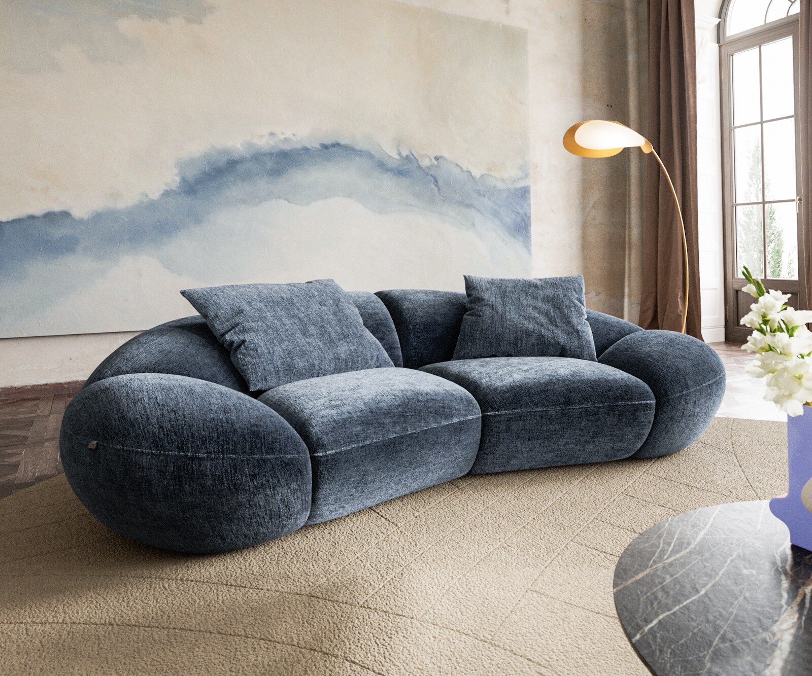 Sofa Lunna 280x70 cm szenil niebieski 2 poduszki
