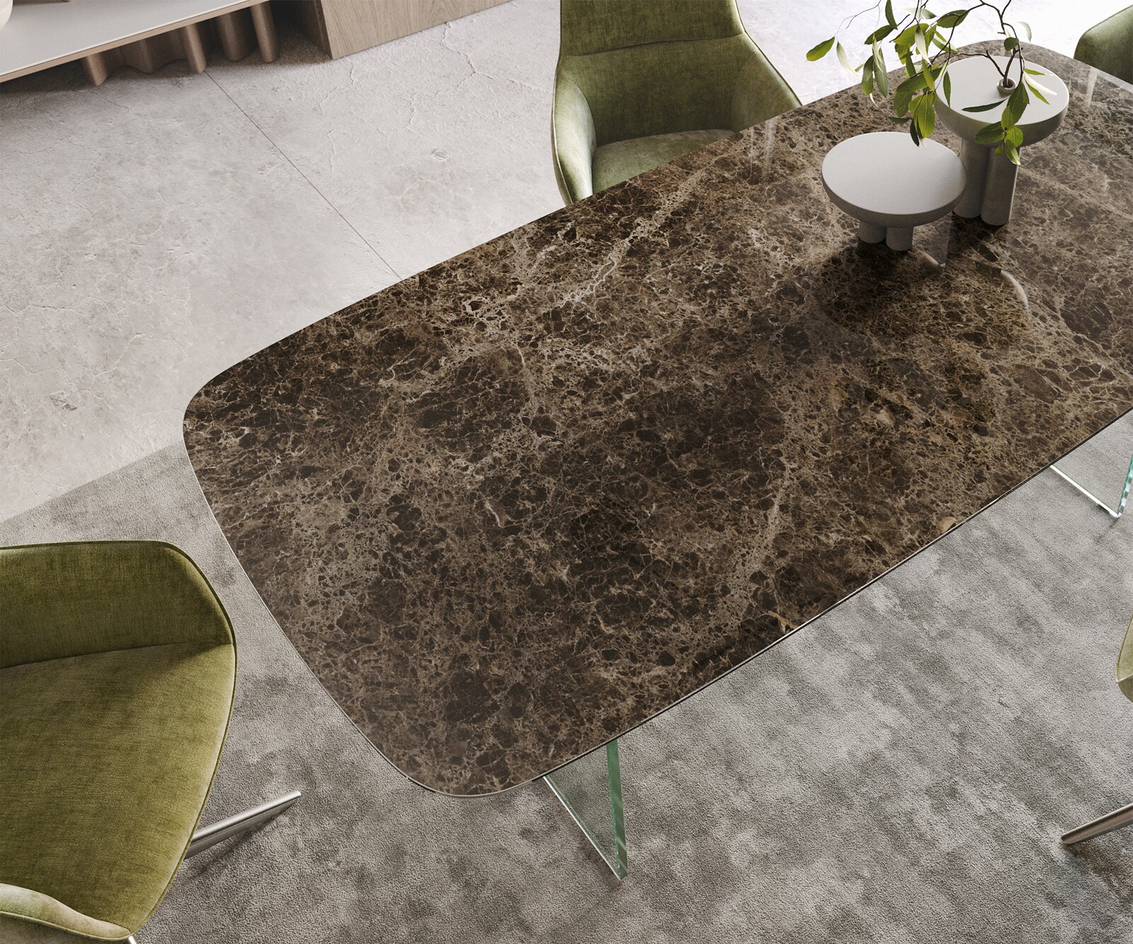 Stół do jadalni Edge kształt beczki 200x100cm ceramika Emperador Extra Lucidato ciemnobrązowy rama szklana 4