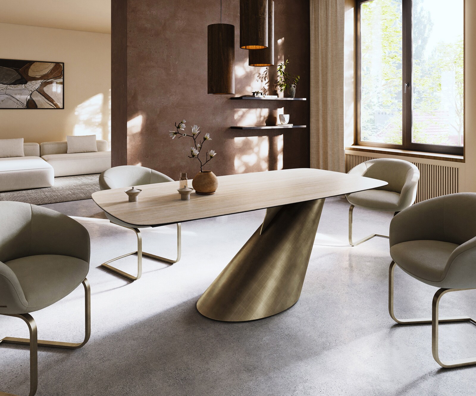 Stół do jadalni Edge w kształcie beczki 200x100cm ceramika Laminam® Travertino Bianco kremowo-biały rama Cono metaliczny złoty 1