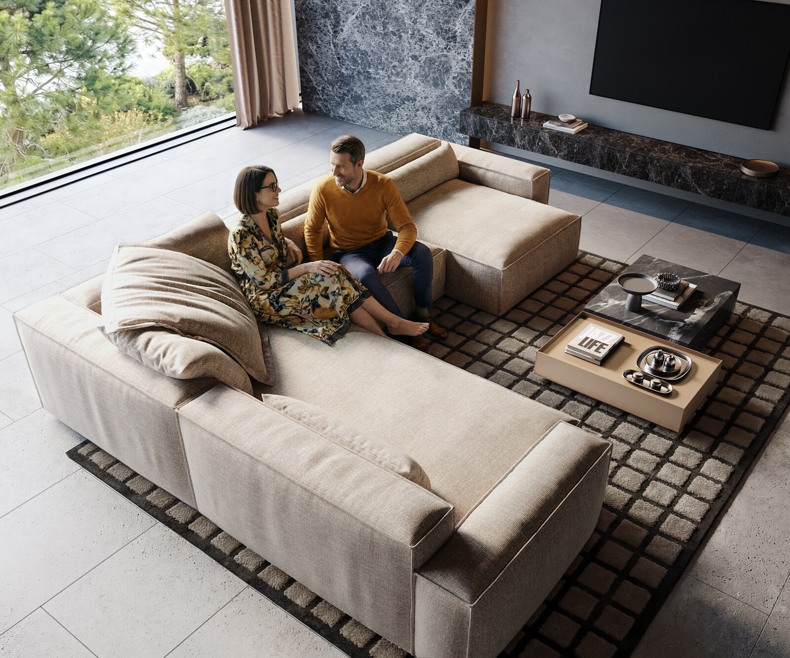 Sofa w kształcie litery U Freestyle 360x290 cm miękka tkanina beżowa z lamówką 1