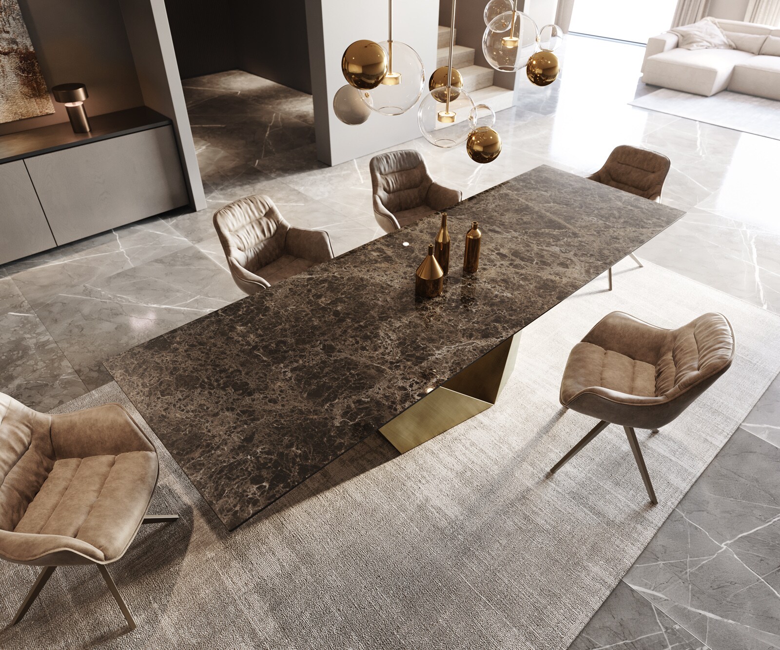 Stół do jadalni Edge 300x100 cm ceramika Laminam® Emperador Extra Lucidato ciemnobrązowa rama Prisma metaliczny złoty 3