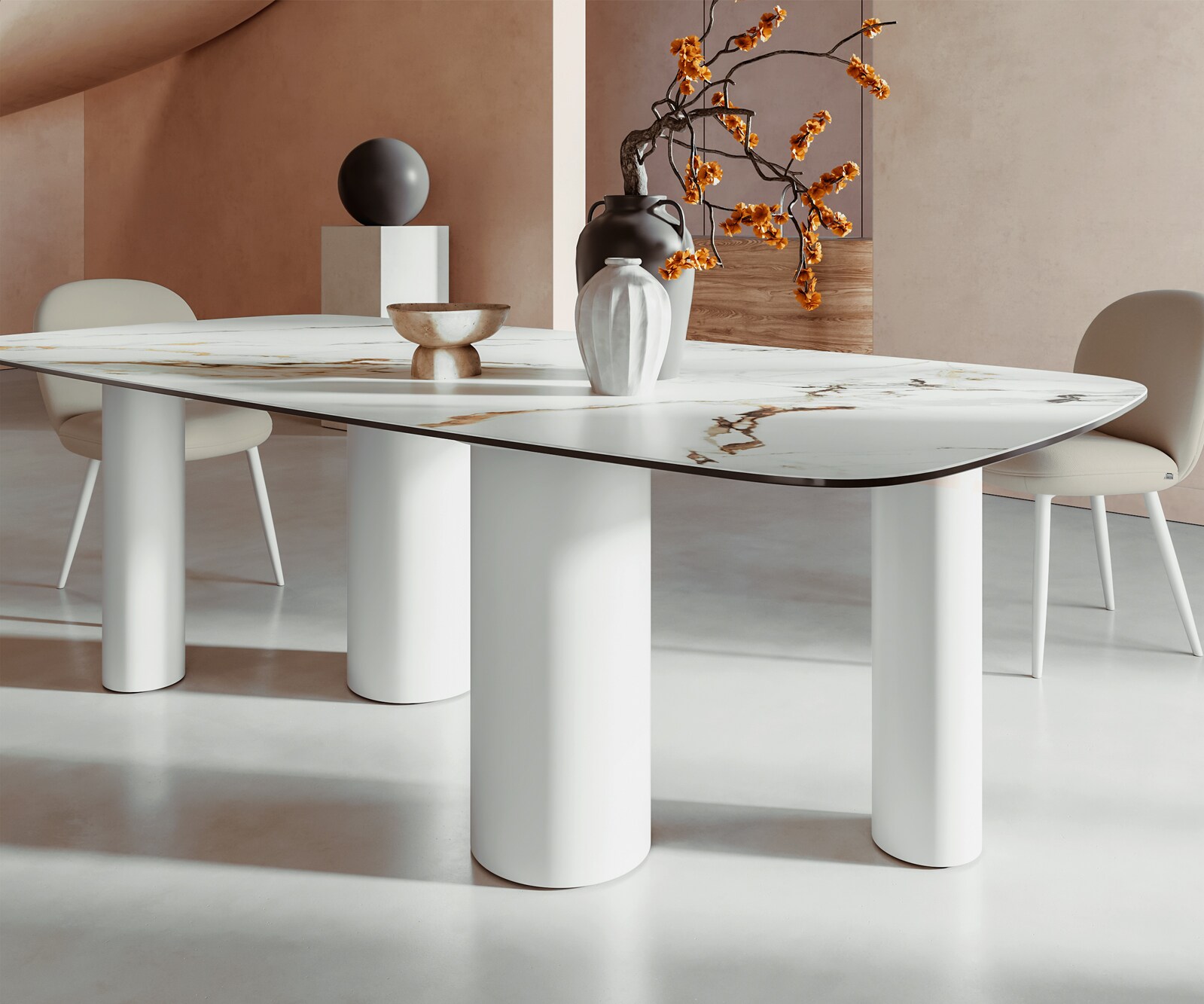 Stół do jadalni Edge kształt beczki 240x120cm ceramika Calacatta Luxe biało-złoto-szary rama Pilier metal biały 6