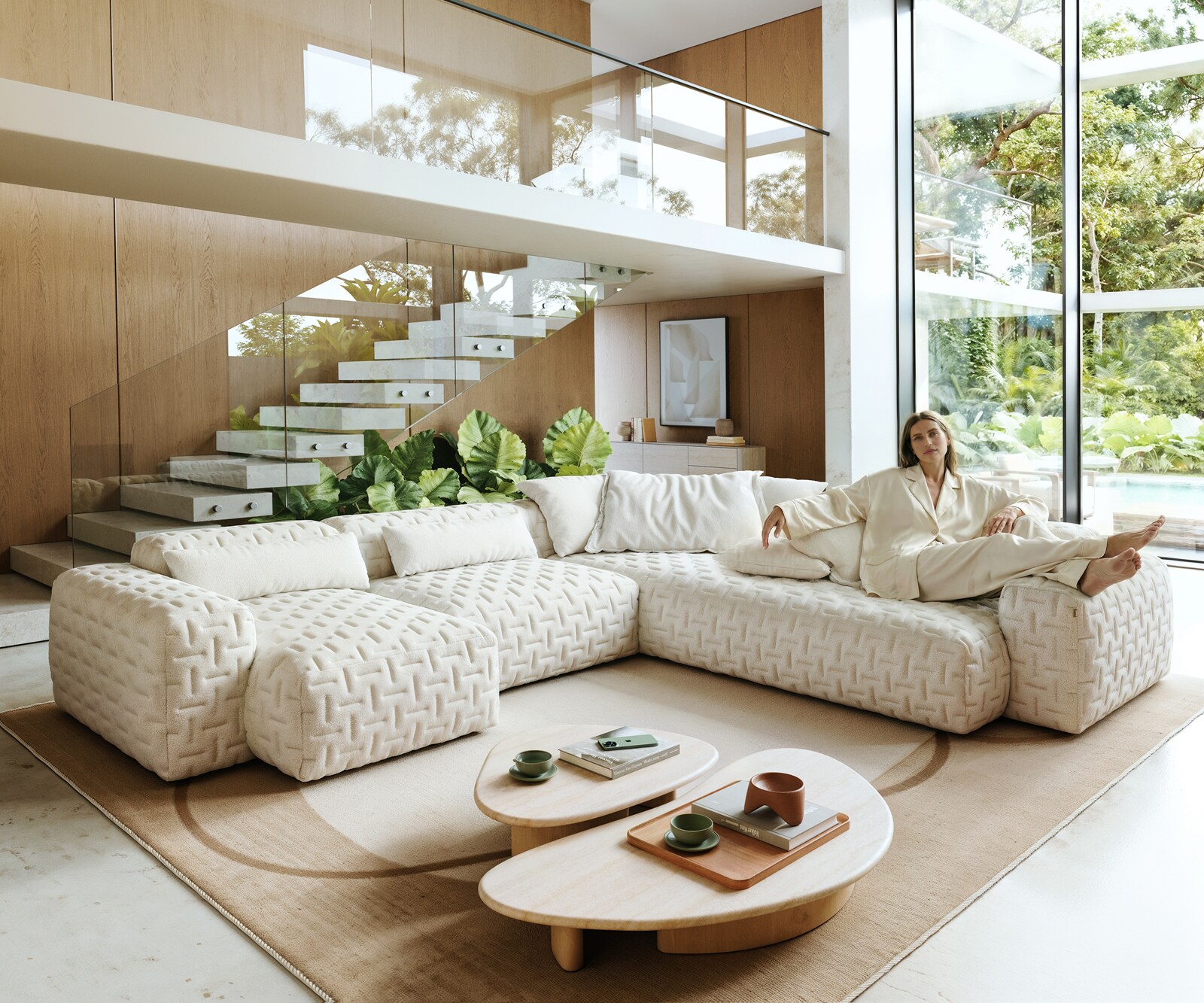 Sofa w kształcie litery U Freestyle 360x290 cm miękka tkanina bouclé beżowa pikowana