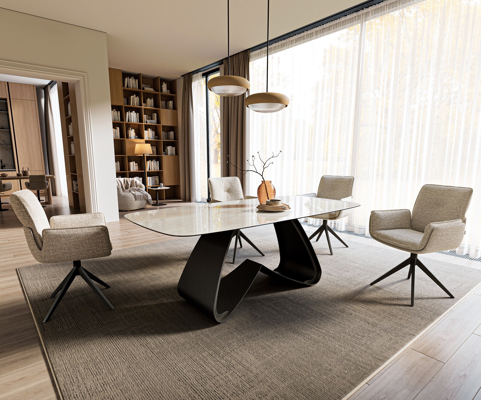 Stół do jadalni Edge w kształcie beczki 200x100 cm ceramika Onyx Champagne rama typu W metal czarny 6