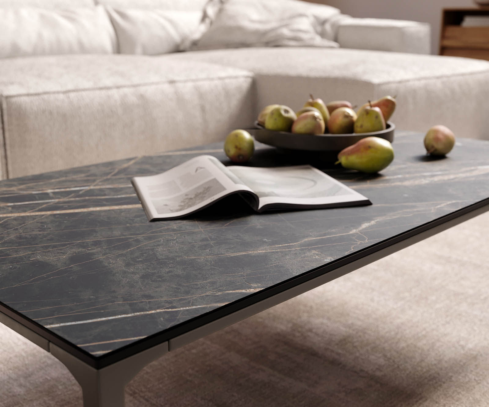 Stolik kawowy Levente 110x60 cm ceramika Laminam® Noir Desir brązowy rama metal kolor tytanowy 5