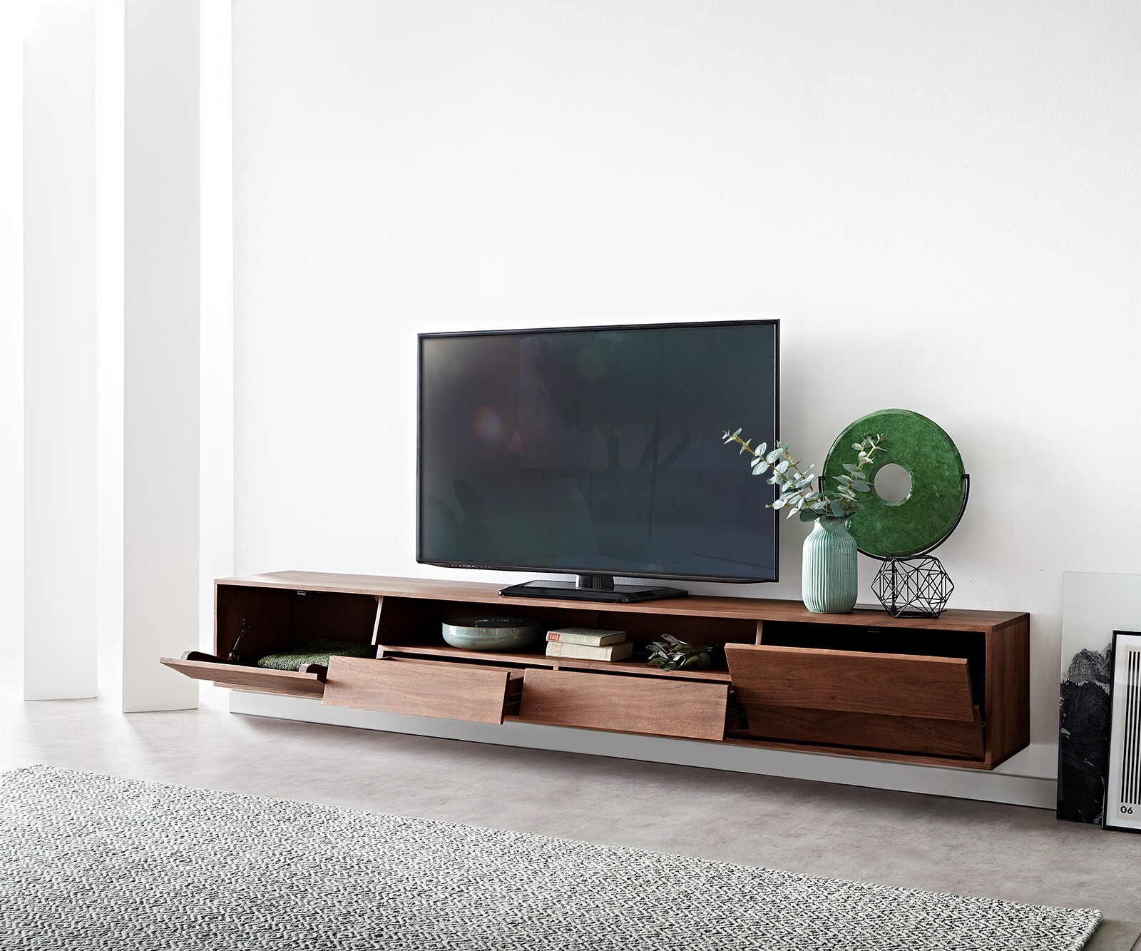 Szafka RTV Eloi 240x35 cm akacja brązowa 2 drzwi 2 szuflady podwieszana 4