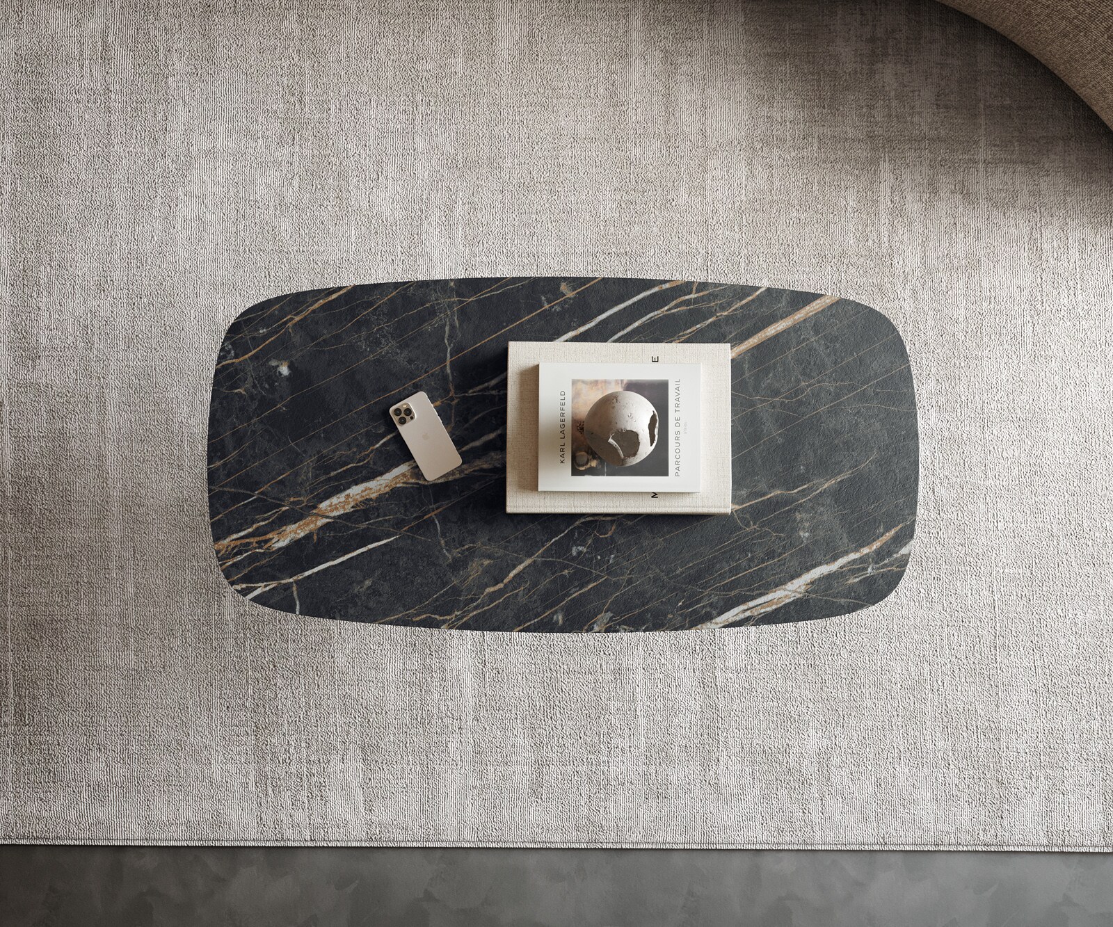 Stolik kawowy Edge w kształcie beczki 100x50 cm ceramika Laminam® Noir Desir brązowy Sarity czarny metal 3