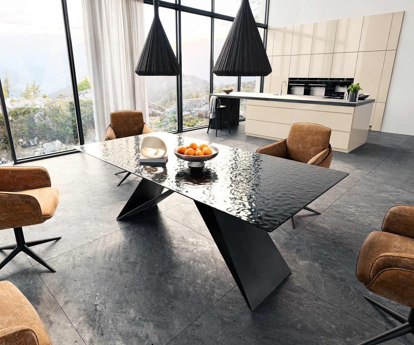Stół do jadalni Edge 200x100 cm szkło reliefowe czarne efekt 3D rama V metal czarna 1