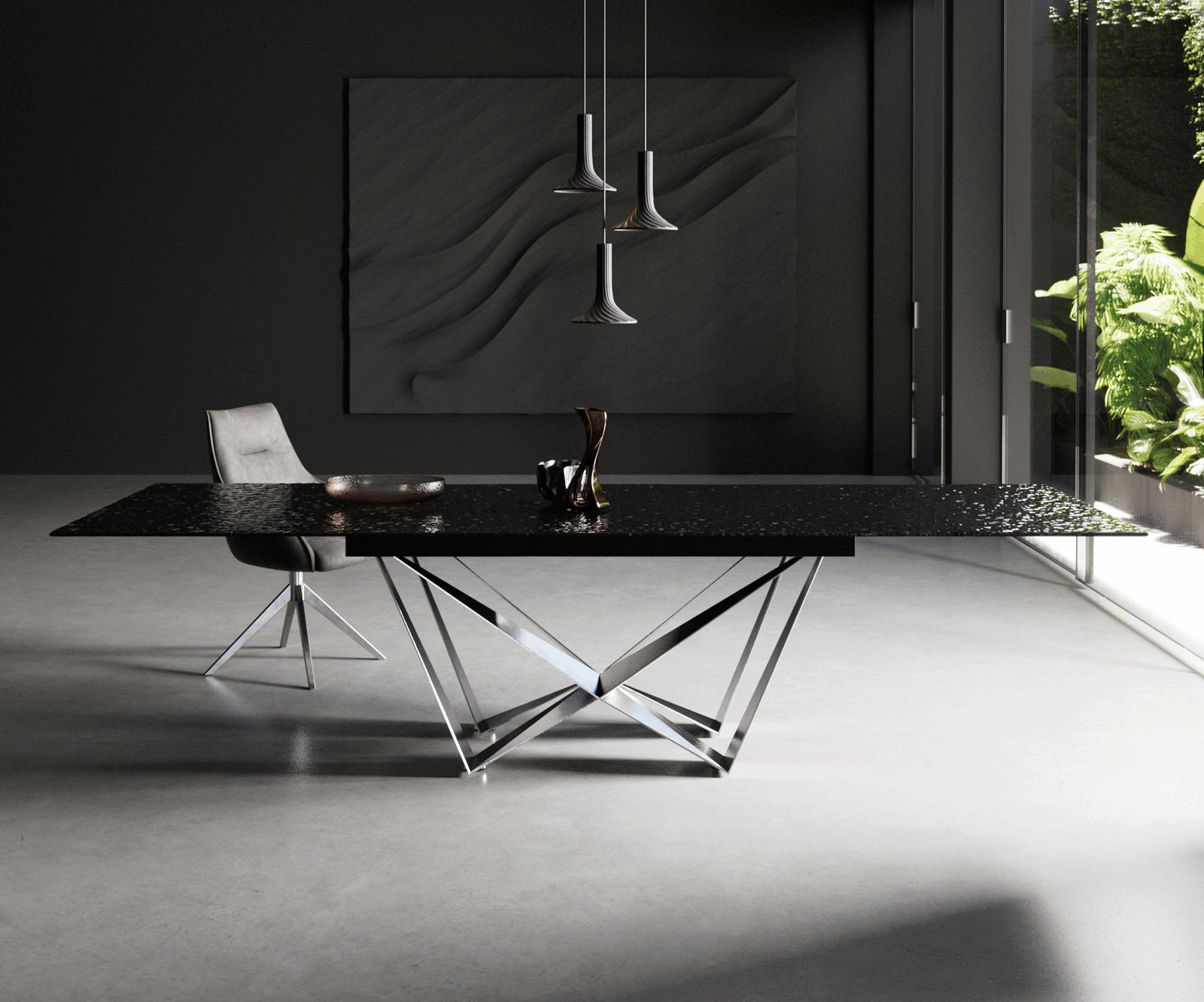 Stół do jadalni Edge 200-300x100 cm szkło reliefowe czarne efekt 3D rama Spider stal nierdzewna rozkładany 2