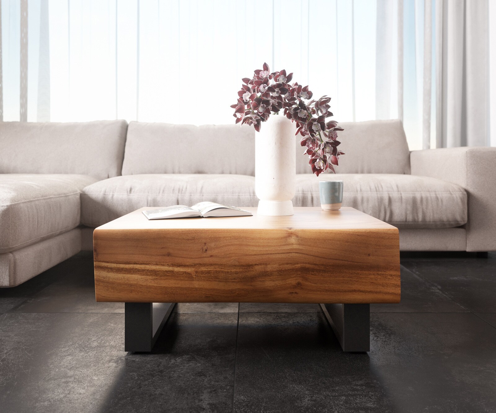 Stolik kawowy New Live-Edge 80x60cm akacja naturalna 2 szuflady nóżki płozowe metal czarny 1