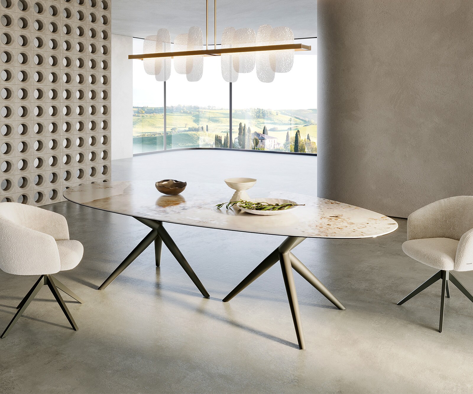 Stół do jadalni Edge owalny 280x130cm ceramika Minas Melange biało-beżowy rama Estelar metal kolor tytanowy 6
