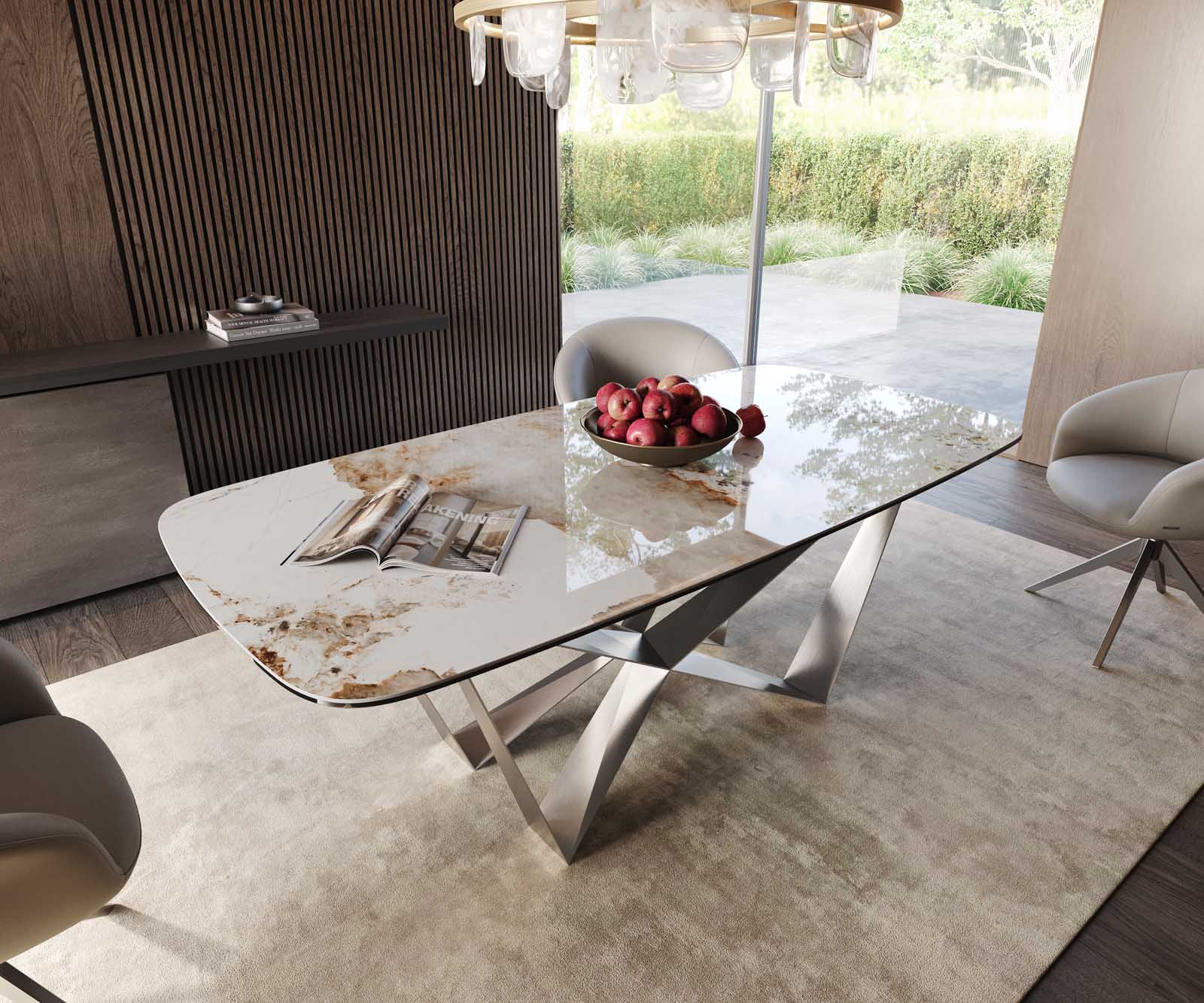 Stół do jadalni Edge kształt beczki 200x100cm ceramika Minas Melange biało-beżowy rama Spider stal nierdzewna