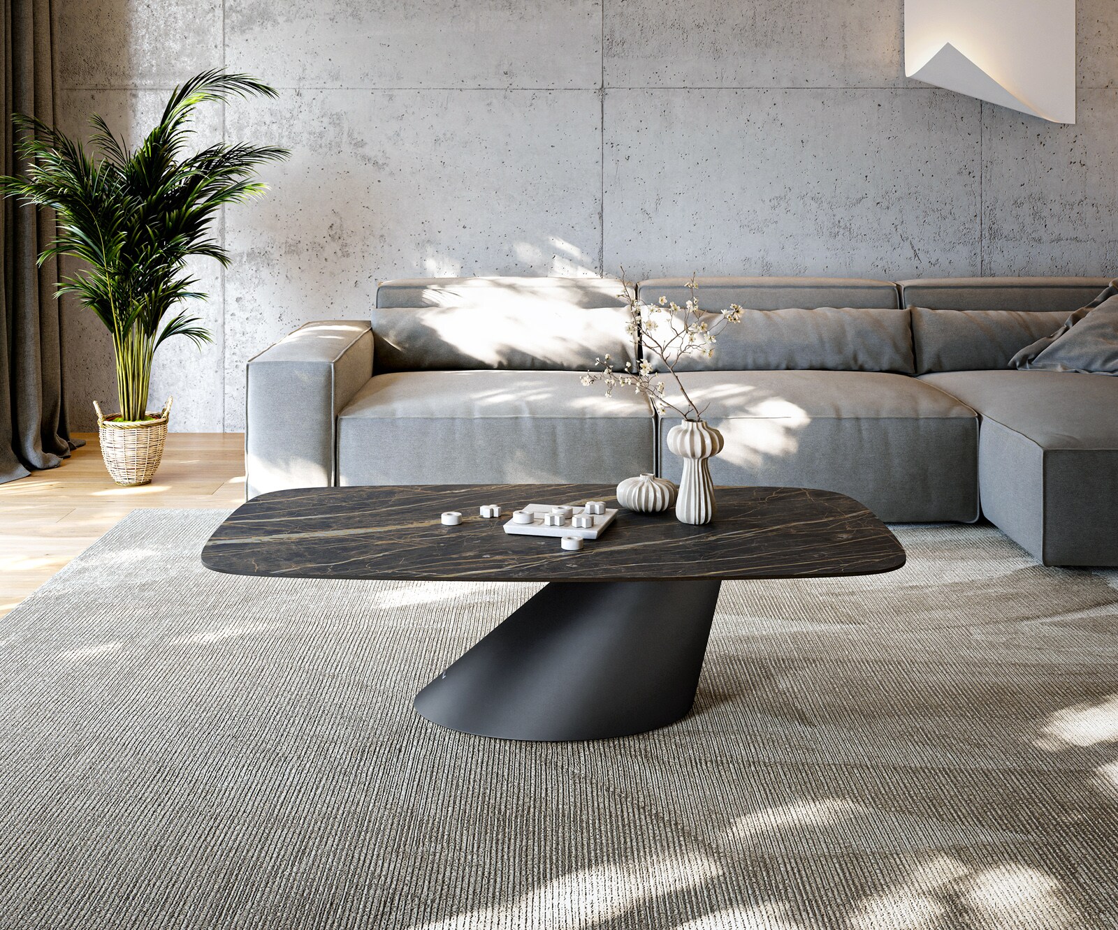 Stolik kawowy Edge w kształcie beczki 140x80 cm ceramika Laminam® Noir Desir brązowy Conis czarny metal 1