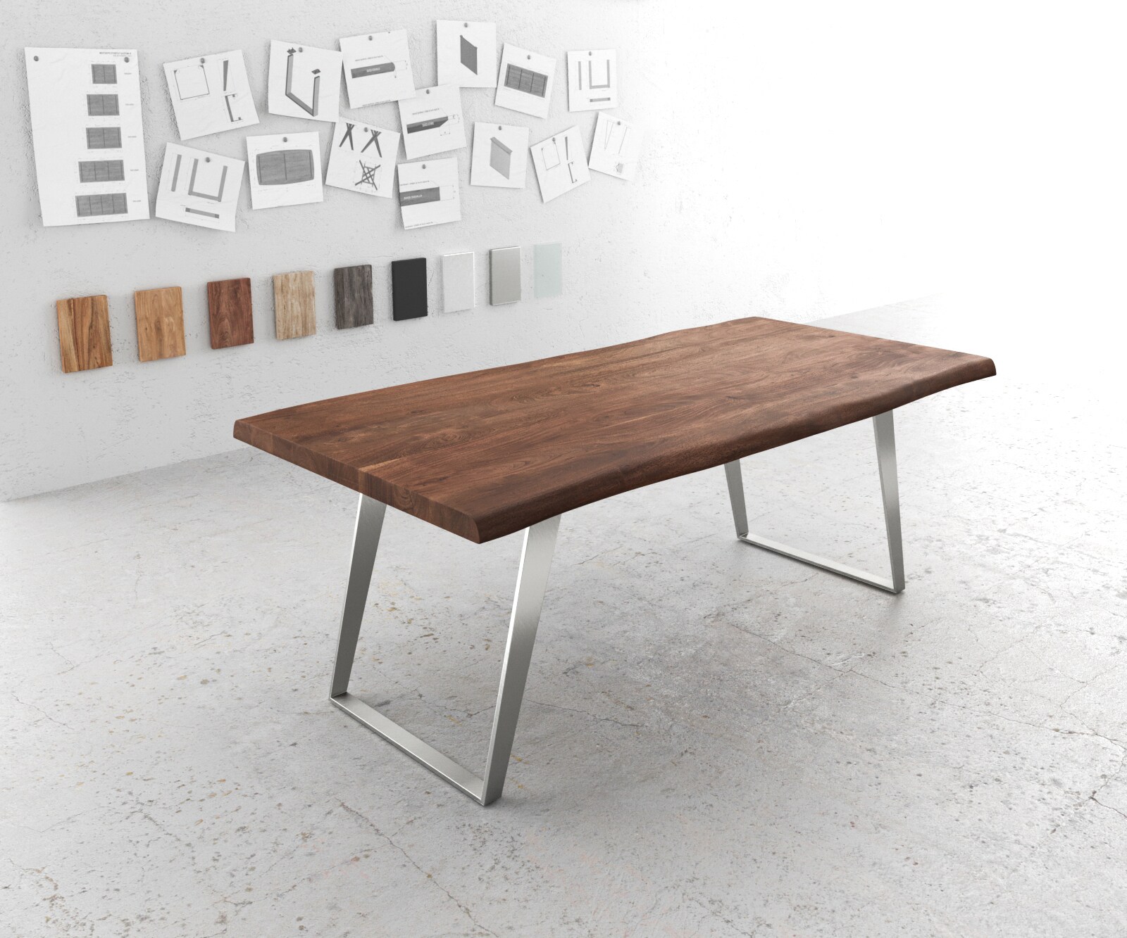 Stół do jadalni Edge 200x100 cm XL akacja brązowa stal nierdzewna pochylona rama live-edge