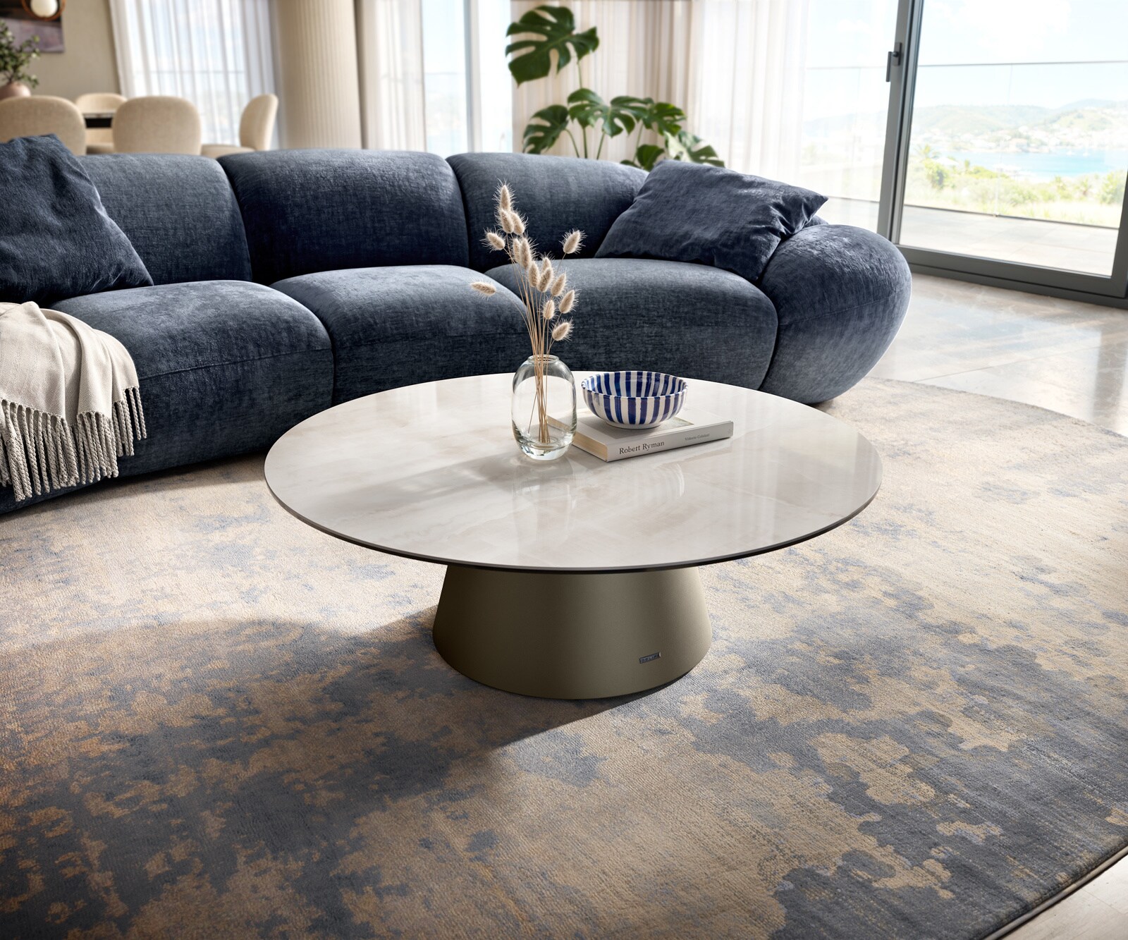 Stolik kawowy Edge okrągły 100x100 cm ceramika Onyx Champagne podstawa Borna w kolorze tytanu 1